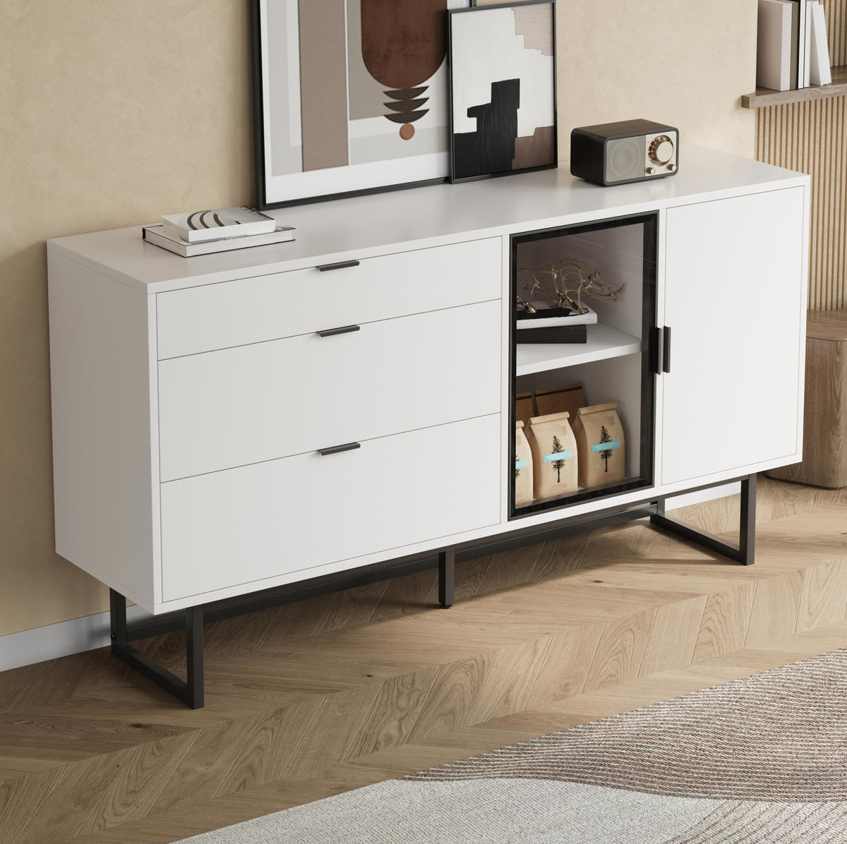 SIDEBOARD 160/36/78 cm mit LED-Beleuchtung, Glastüren & 3 Schubladen in Weiß - Weiß, Holzwerkstoff (160/78/36cm) - BEAOK