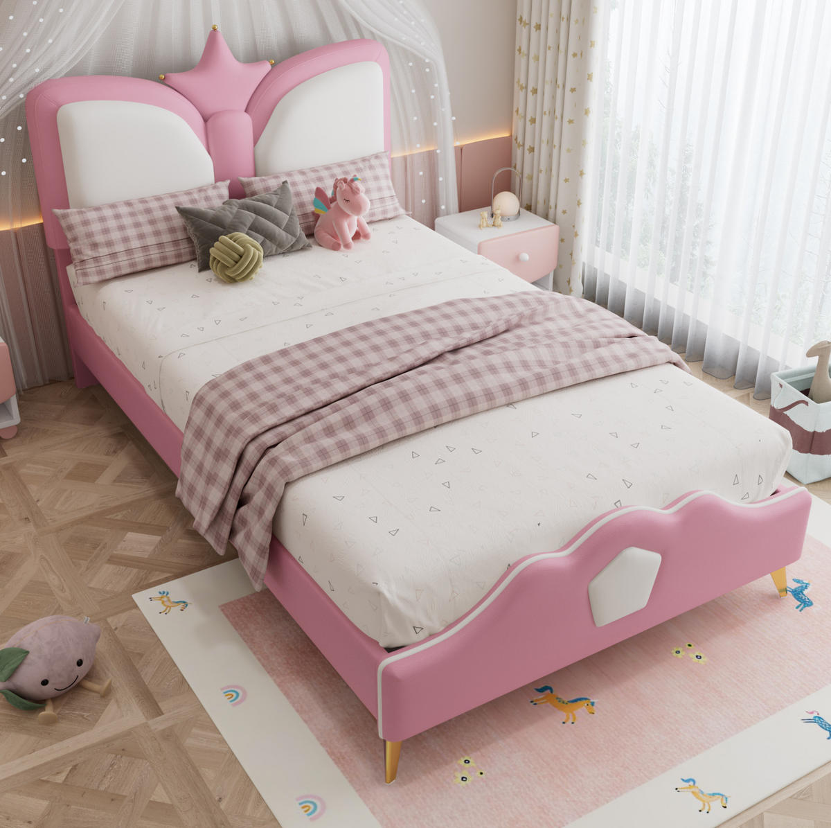 KINDERBETT Polsterbett 90/200 cm aus PU mit Kronen-Kopfteil Rosa-Weiß - Rosa, Kunststoff (90/200cm) - Modenvie