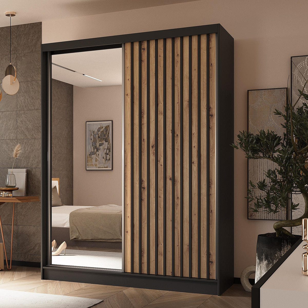 SCHWEBETÜRENSCHRANK LAMELLO 160/216/61 cm 2-türig mit Spiegel Schwarz - Schwarz/Eiche Artisan, Holzwerkstoff (160/216/61cm) - MASSENO