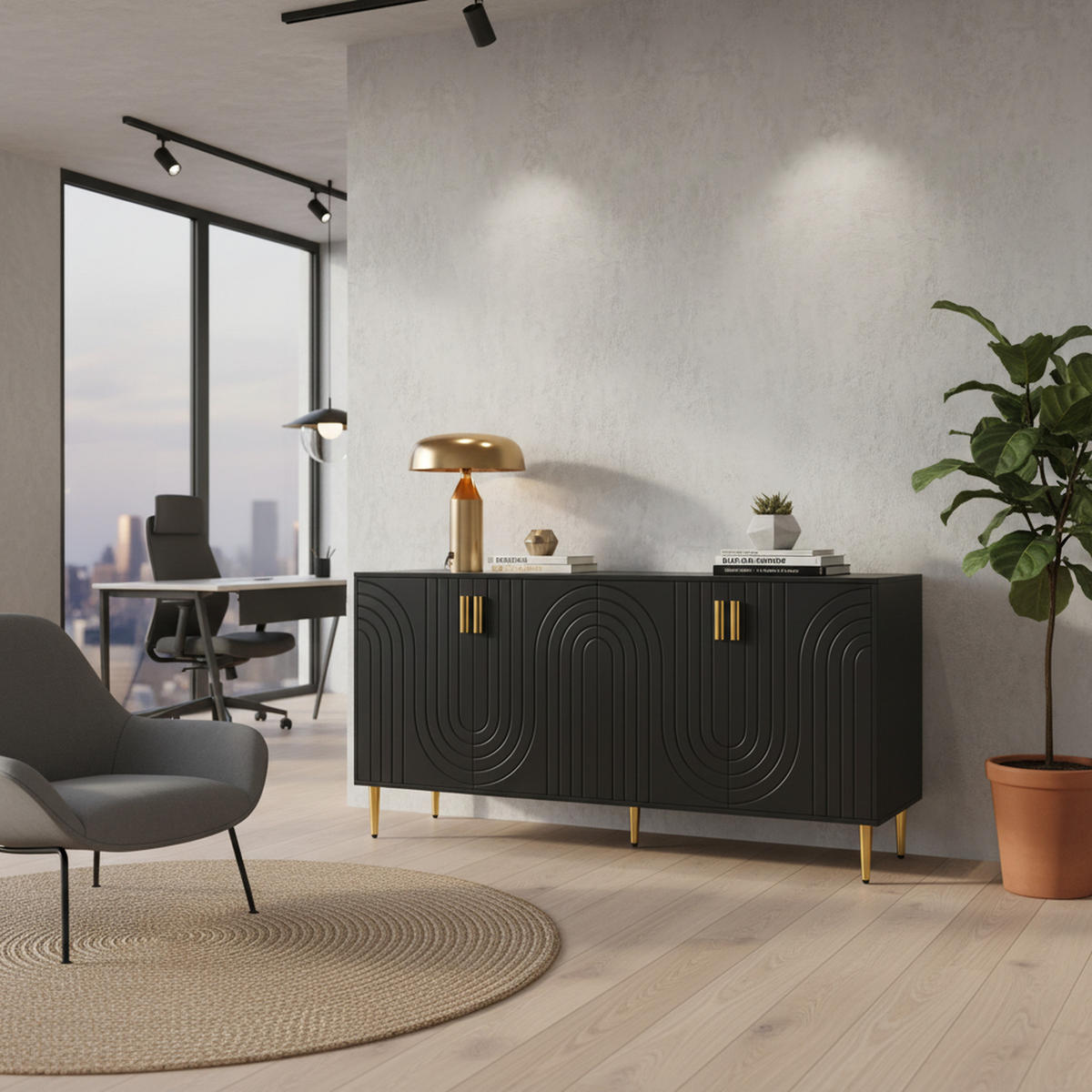 SIDEBOARD Wellenfront mit goldenen Griffen & Füßen Schwarzes - Schwarz, Holzwerkstoff (152/75/40cm) - Urban Meuble