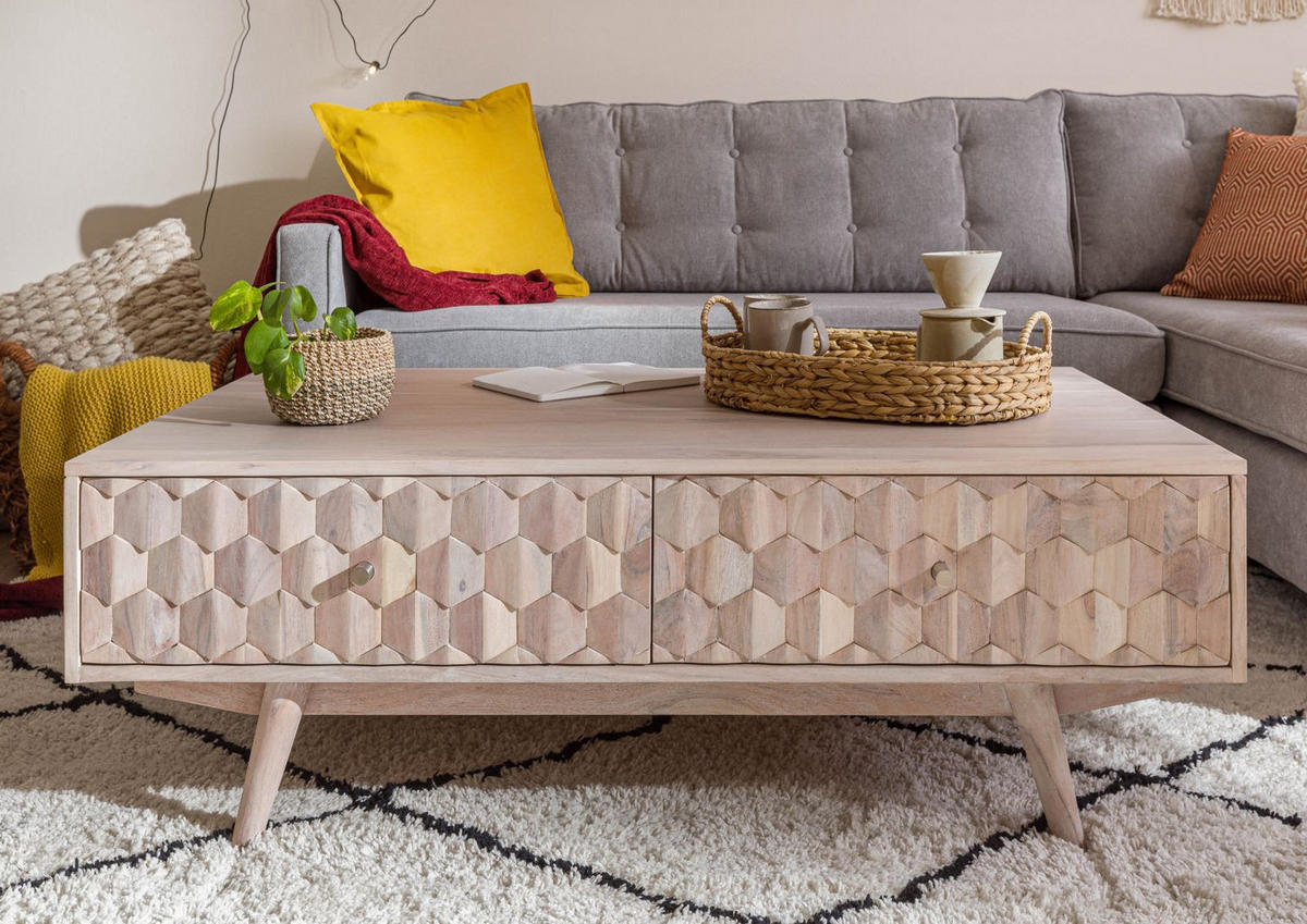 COUCHTISCH Akazie 120x70x40 weiß lackiert MOSAYK #203 - Weiß, Holz (120/70/40cm) - Massivmoebel24