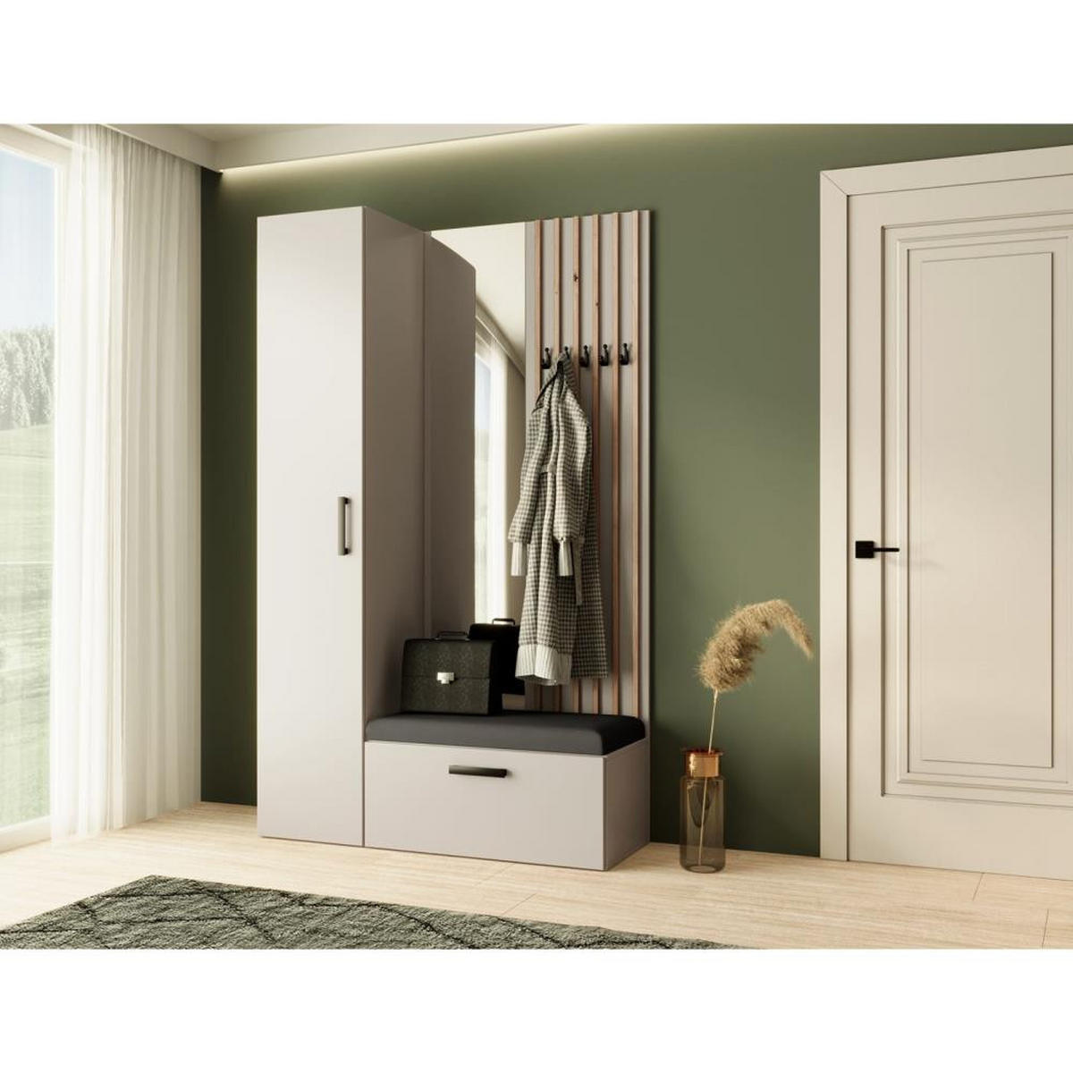 GARDEROBE Margaret II 121/203/43 mit Lamellen und Hochschrank - Kaschmir/Schwarz, Holzwerkstoff/Kunststoff (121/203/43cm) - Beautysofa