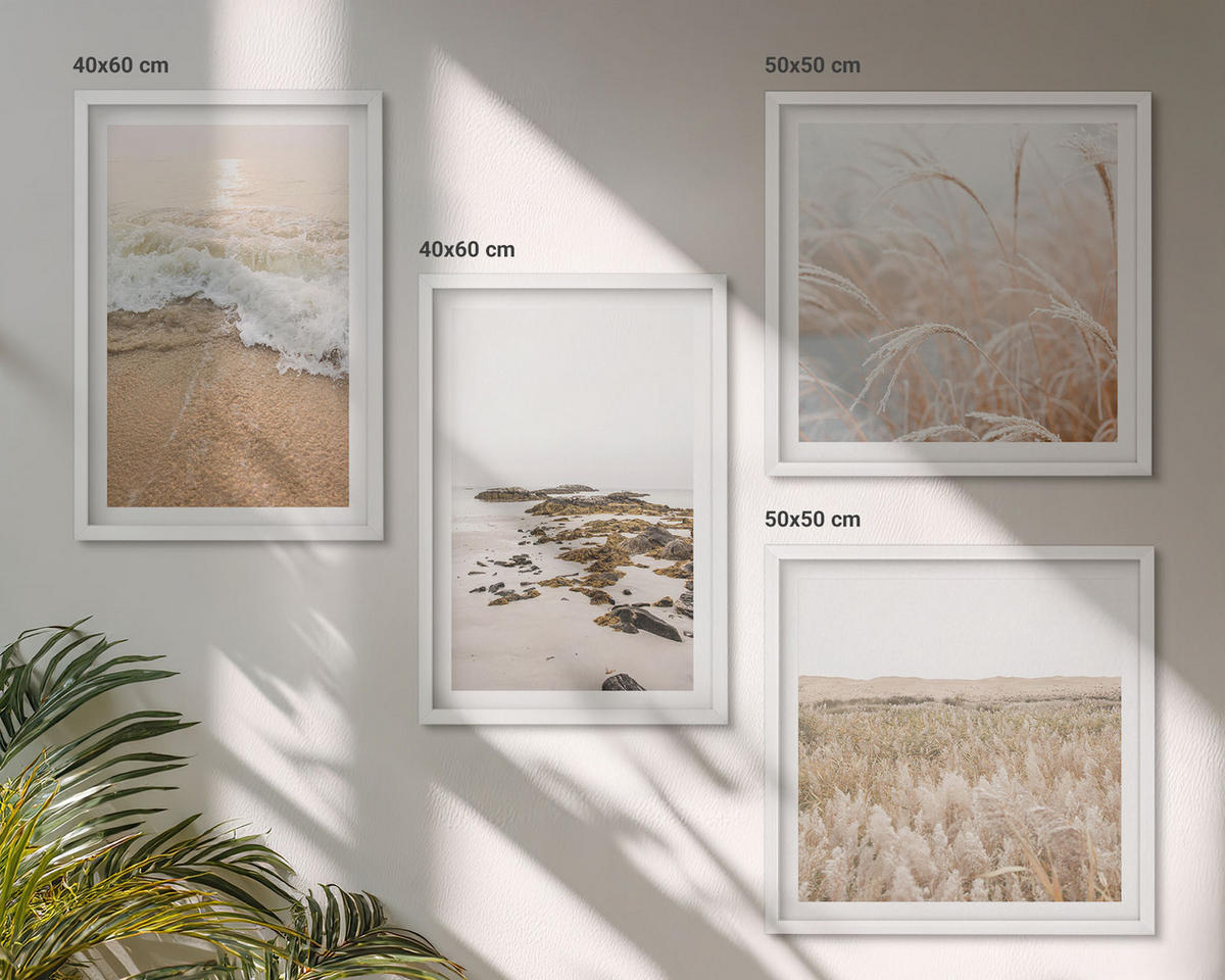 WANDBILDER 4er-Set - 50x50 cm & 40x60 cm Weißer Rahmen - Strandwellen, Steine, Sommer - Weiß, Kunststoff (50/50cm) - ArtPrintCave