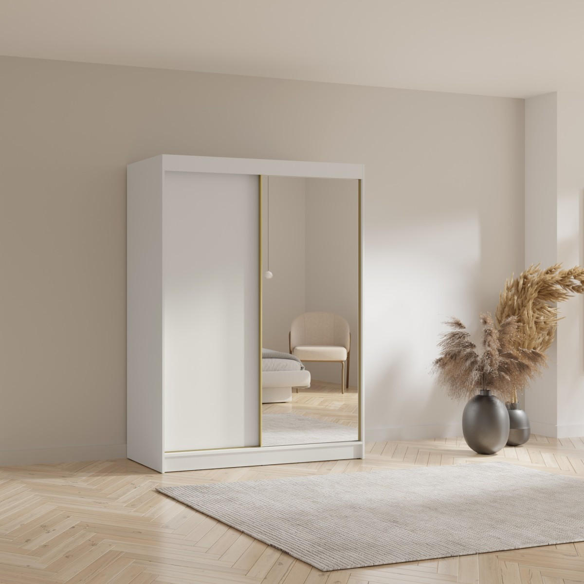 SCHWEBETÜRENSCHRANK mit Spiegel Fiore 2D1L 150 Weiß/Gold - Goldfarben/Weiß, Holzwerkstoff/Metall (150/200/60cm) - mzm24