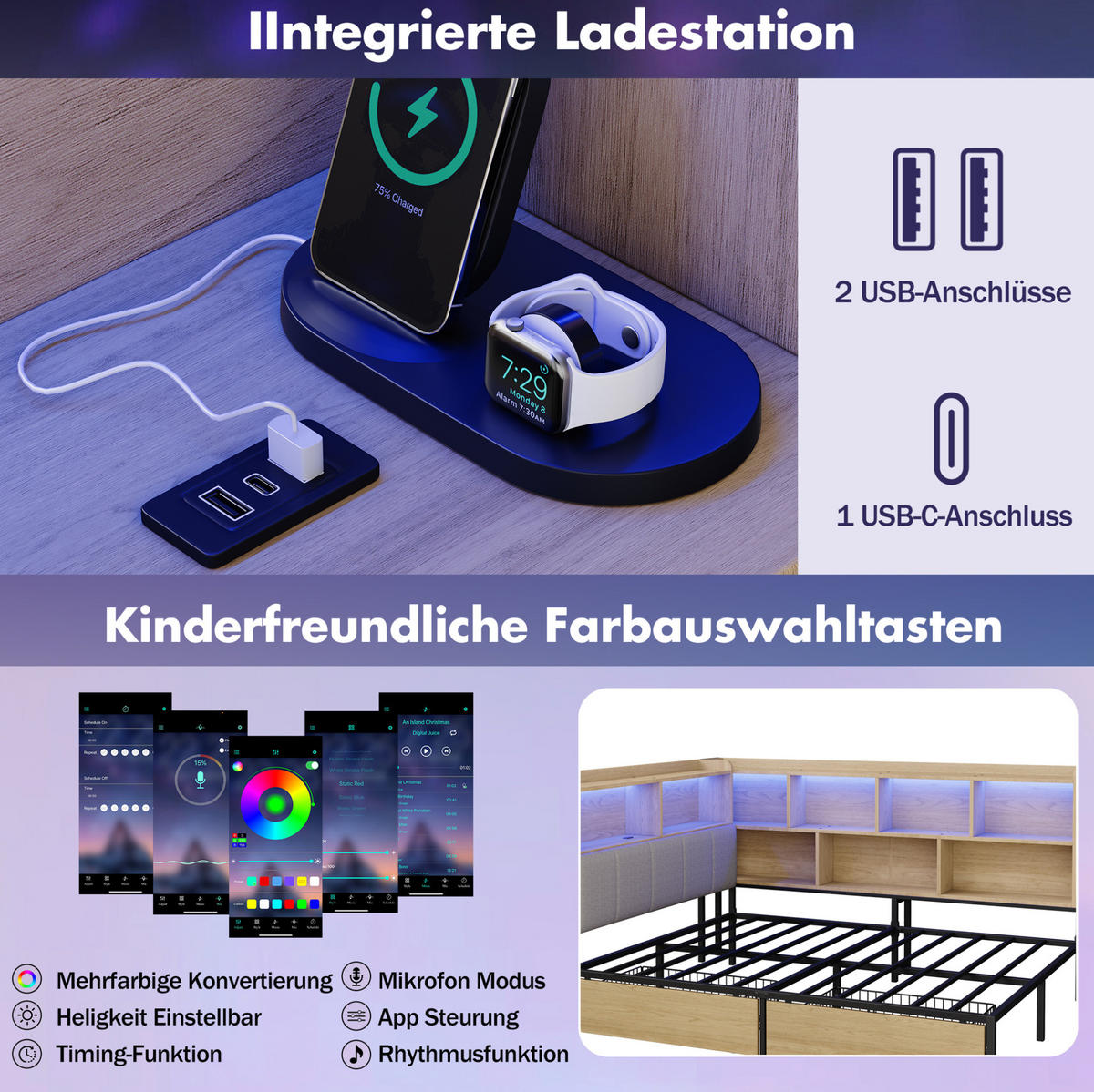 ČALÚNENÁ posteľ 90x200/140x200 cm s LED osvetlením, USB a Type-C nabíjaním, úložným priestorom a 2 zásuvkami, Sivá - prírodná farba, kompozitné drevo (140/200cm) - Redom