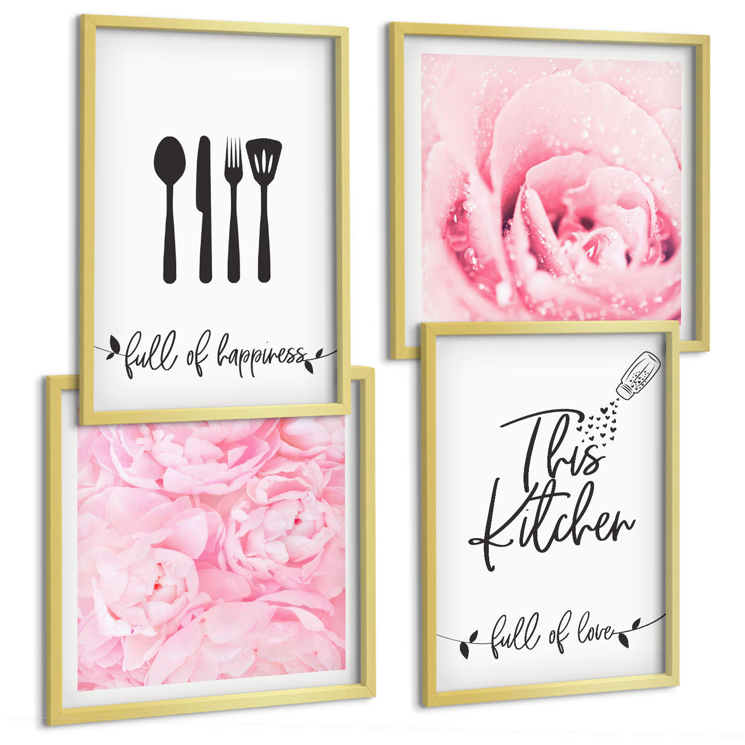 BILDER SET 4er Set - 50x50 cm & 40x60 cm Goldrahmen - Zarte Rosenblüten für die Küche - Goldfarben, Kunststoff (50/50cm) - TULUP