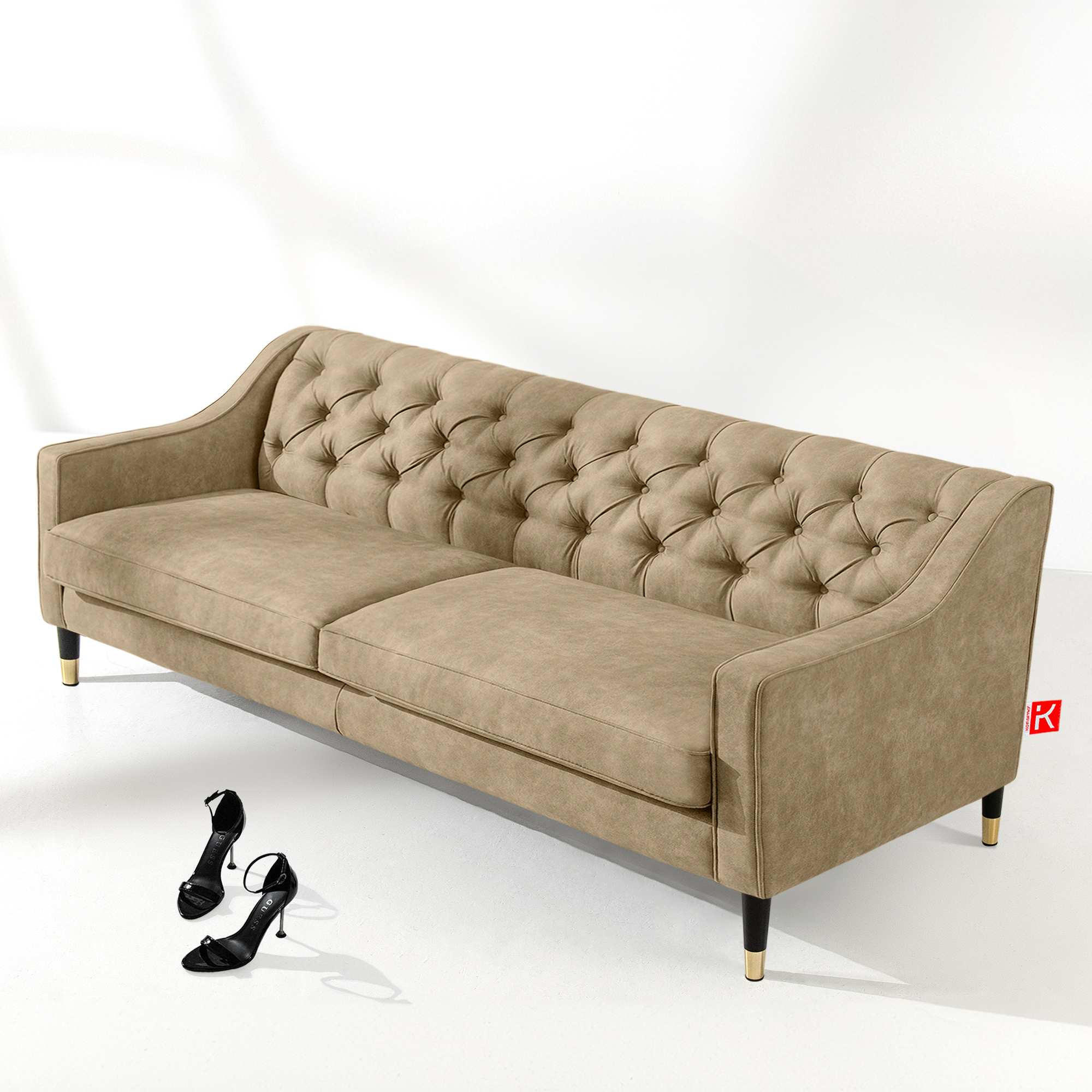 3-SITZER-SOFA NOMUS Velours, gesteppt, leicht Beige - Wengefarben/Hellbraun, Holz/Holzwerkstoff (192/78/80cm) - KONSIMO®