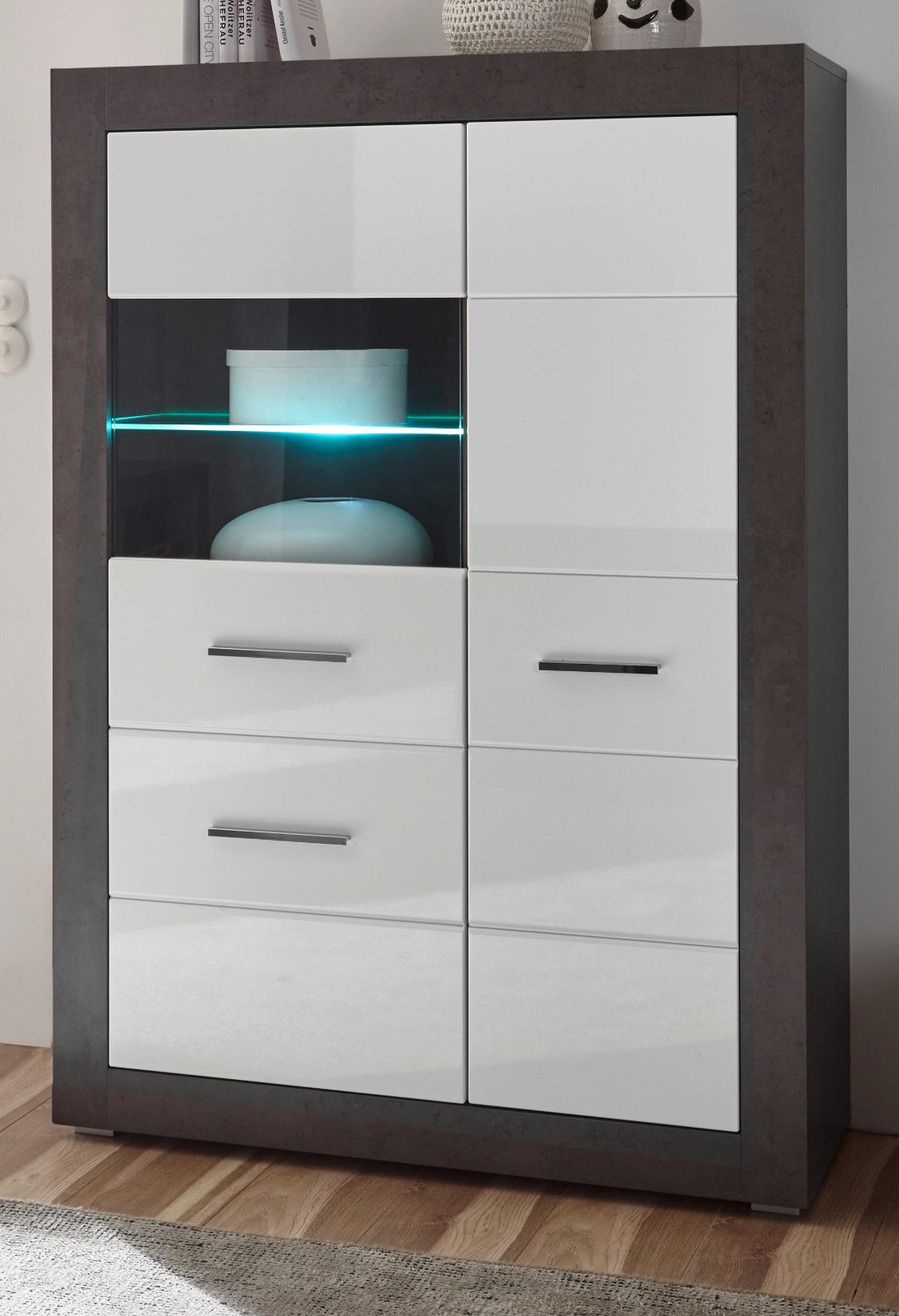 VITRINE weiß Hochglanz, grau Stone 100 cm, Vitrinenschrank 3-türig - Chromfarben/Weiß Hochglanz, Glas/Holzwerkstoff (100/142/35cm) - Furn.Design