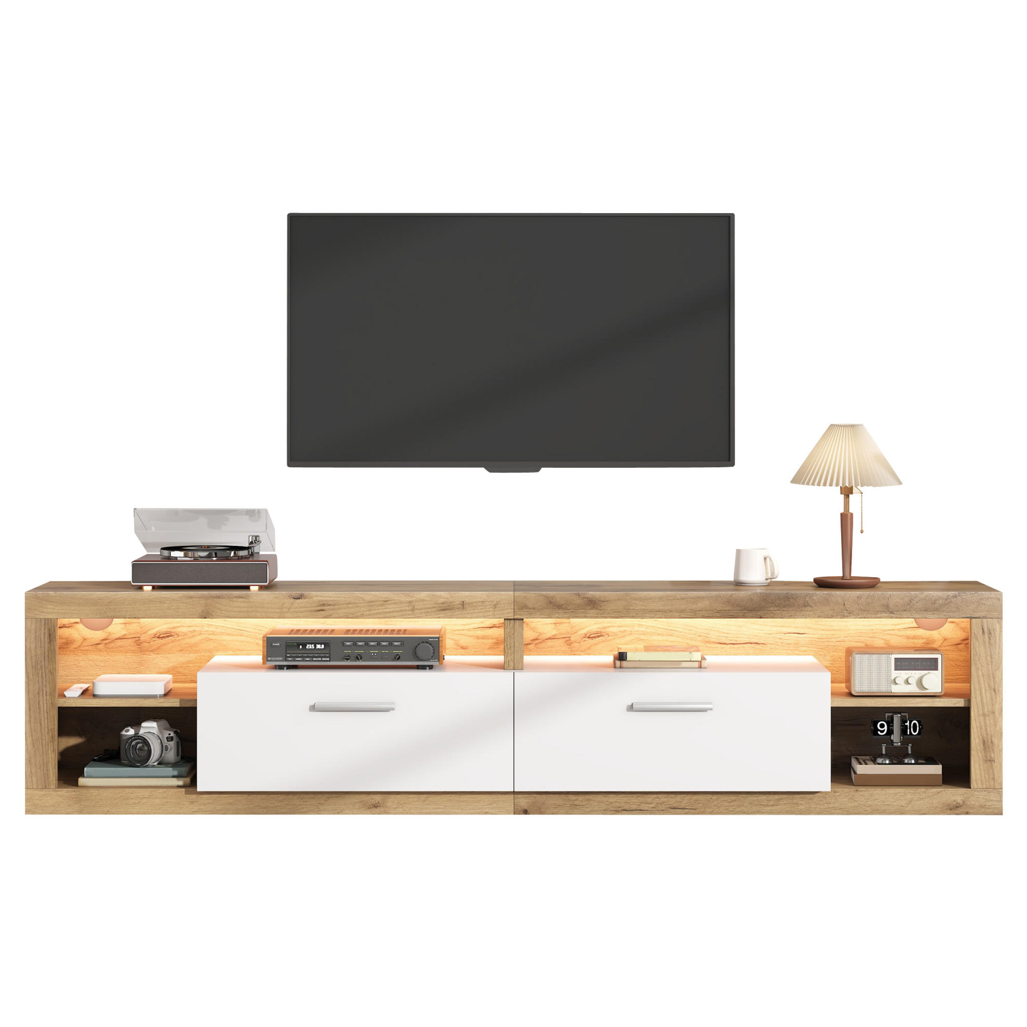 TV-SCHRANK 180cm LED 2 Schubladen 4 Fächer Lowboard Natur Weiß - Naturfarben, Holzwerkstoff (180/50/35.5cm) - FLIEKS