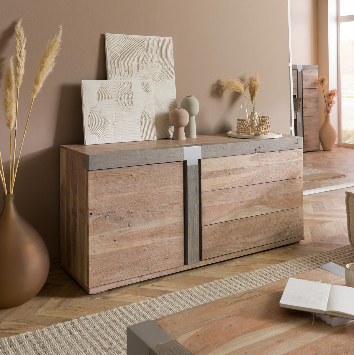 SIDEBOARD Akazie 160x45x75 beige lackiert Amsterdam #110 - Beige, Holz (160/75/45cm) - Massivmoebel24