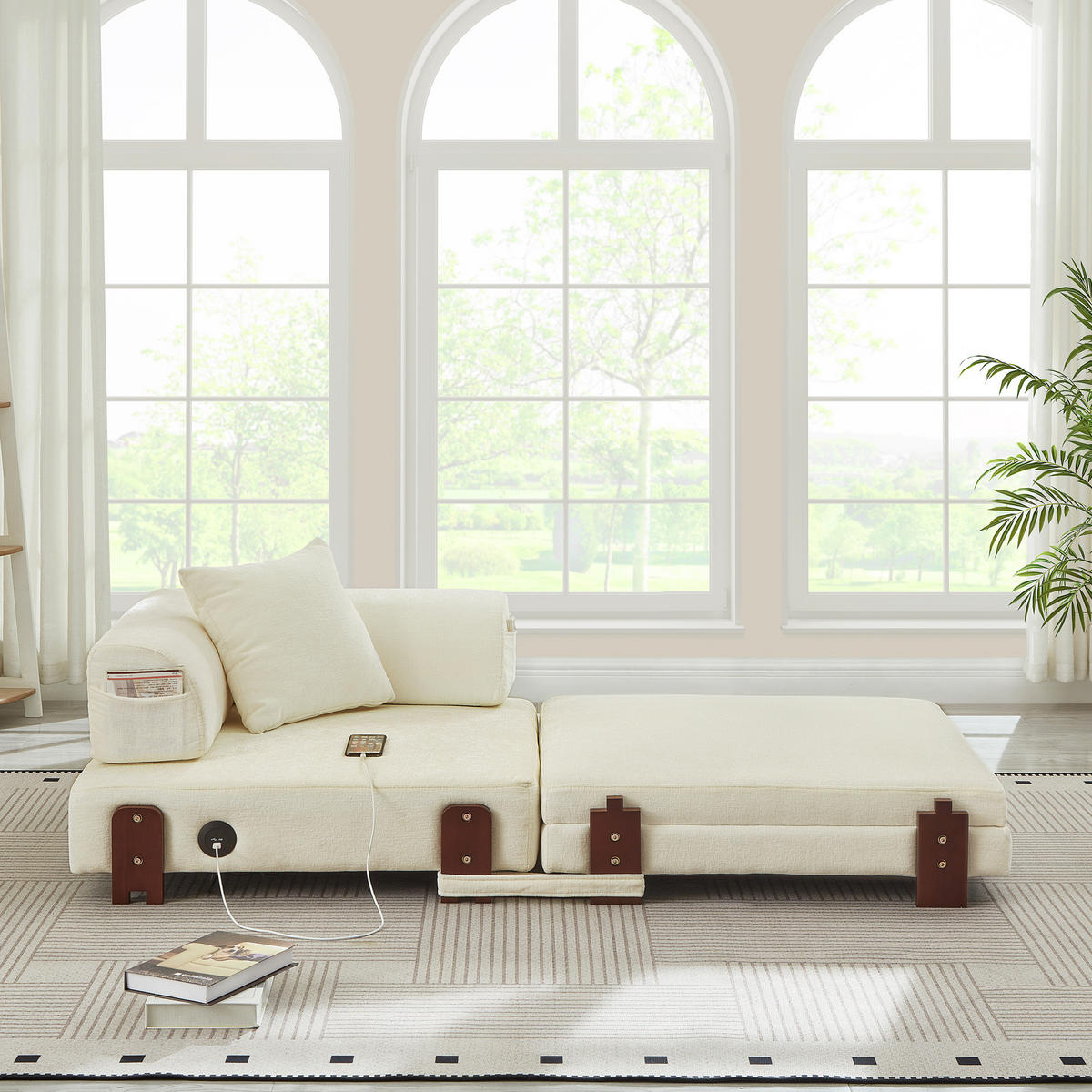 SCHLAFSOFA mit Schlaffunktion, USB- und Type-C-Anschluss, Stauraum und Seitentaschen, Beige - Beige, Textil (84/48/170.5cm) - Redom