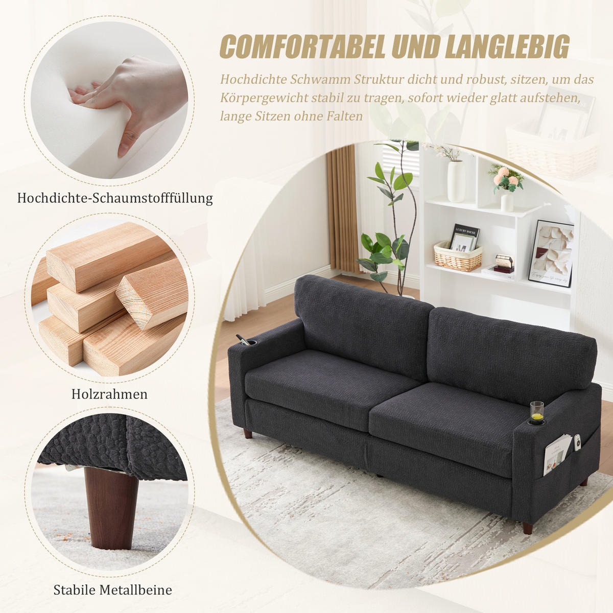ZWEISITZER Sofa Chenille mit USB-Anschluss LED-Licht und Getränkehaltern 203/77,5/86 cm Dunkelgrau - Dunkelgrau, Textil (77.5/86/203cm) - Redom
