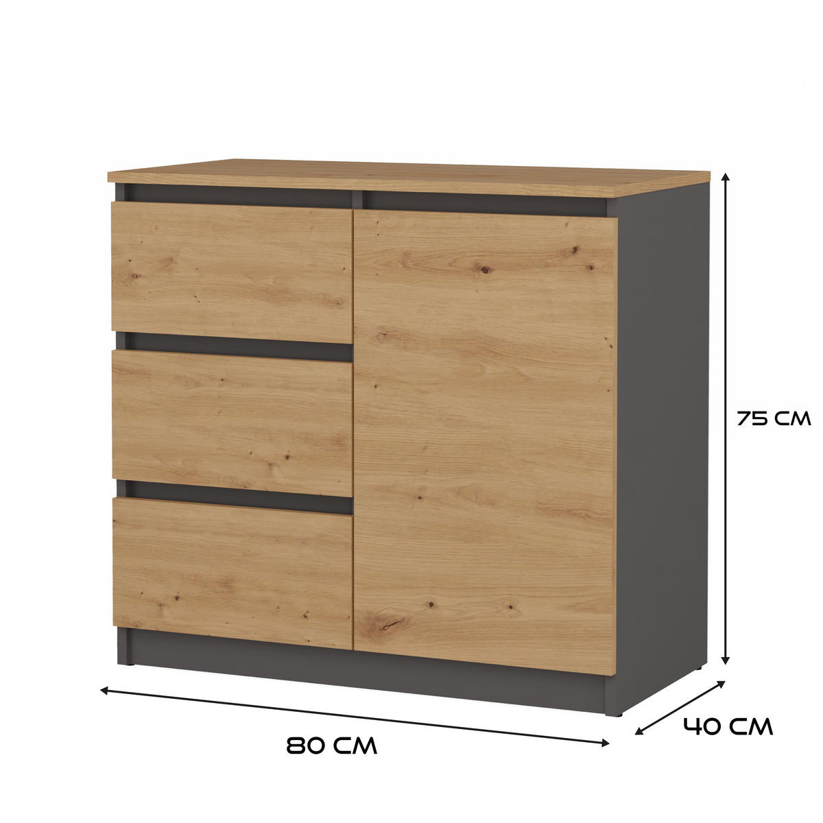 KOMMODE 1D3S SCHRANK 1 TÜR 3 SCHUBLADEN ANTHRAZIT EICHE ARTISAN - Anthrazit/Eiche Artisan, Holzwerkstoff (80/75/40cm) - CDF