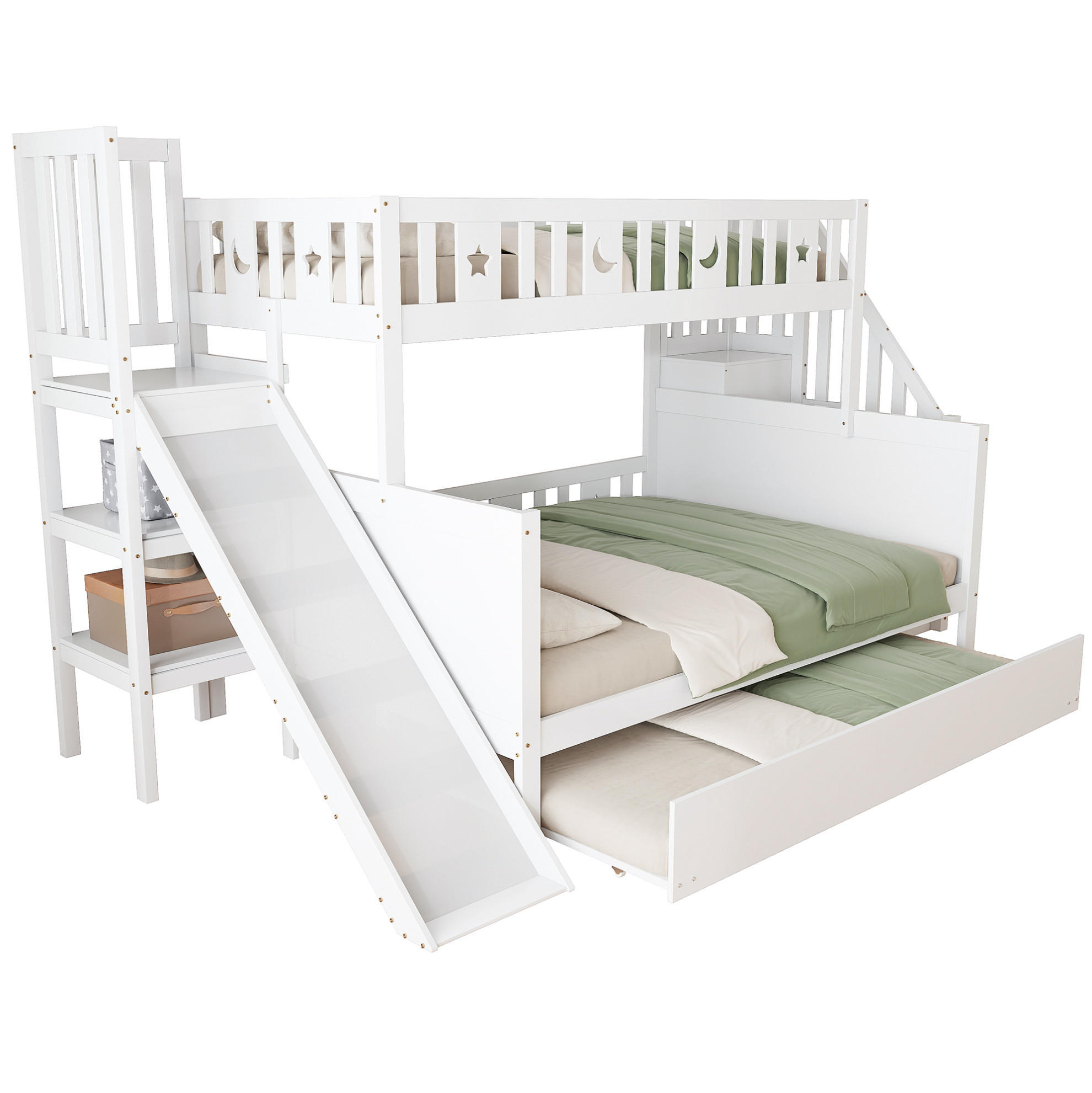 ETAGENBETT 90/200 & 140/200 cm mit Rutsche, Leiter, Ausziehbett und Stauraum, Weiß - Weiß, Holzwerkstoff (90/200cm) - Redom