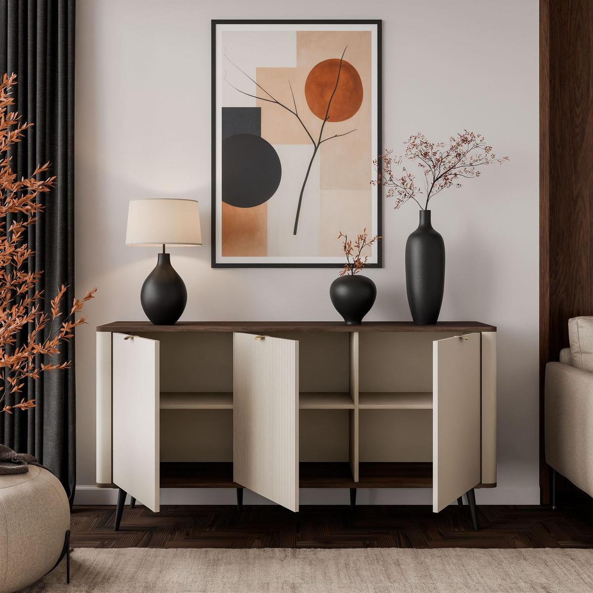 KOMMODE für das Schlafzimmer AUTUMN 3D mit geriffelter Front, Kaschmir / Nussbaum - Beige/Braun, Holzwerkstoff (160/82/40cm) - Lookway