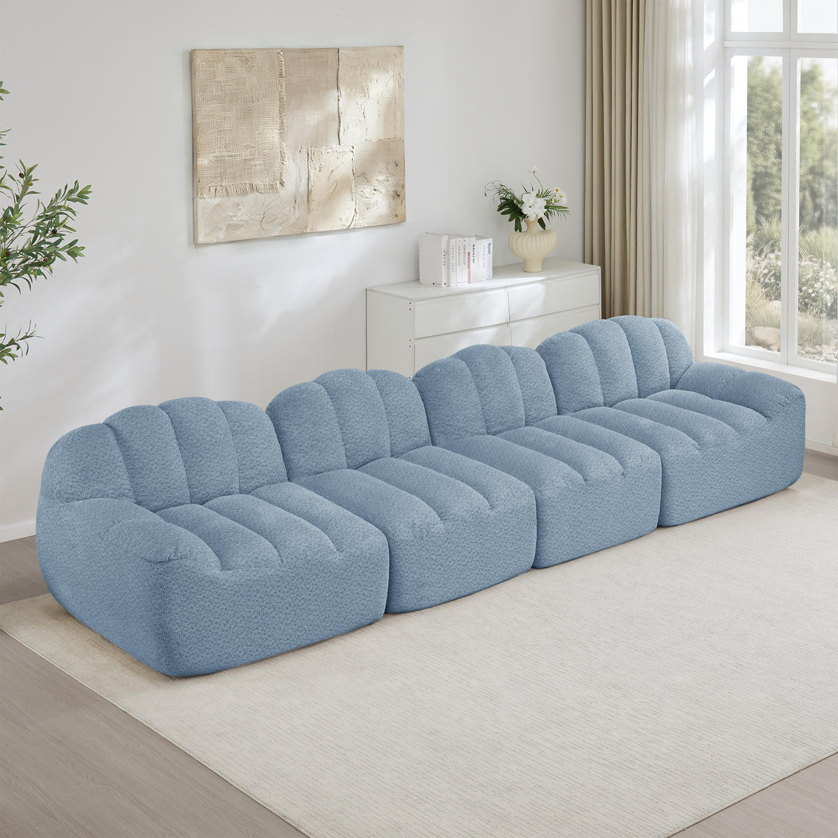 4-SITZER Sofa 366x104x79 cm aus granuliertem Fleece rahmenlos modular, blau - Blau, Textil (104/79/366cm) - Luhomfu