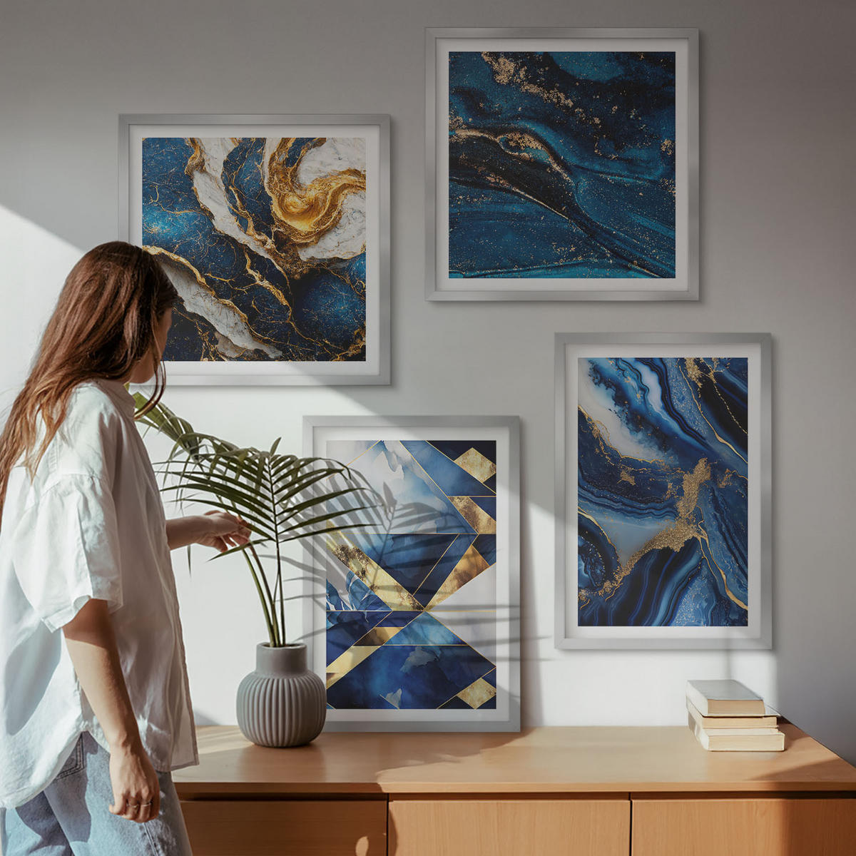 WANDBILDER 4er Set - 50x50 cm & 40x60 cm Silberner Rahmen - Abstrakte, elegante Muster - Silberfarben, Kunststoff (50/50cm) - ArtPrintCave
