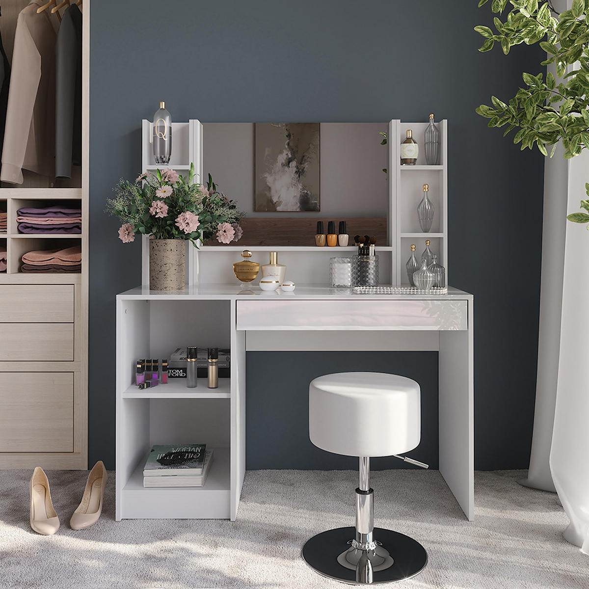 SCHMINKTISCH Sherry Weiß/Weiß Hochglanz 119.8 cm 5 Teile - Weiß Hochglanz, Holzwerkstoff (119.8/76/50.1cm) - Vicco