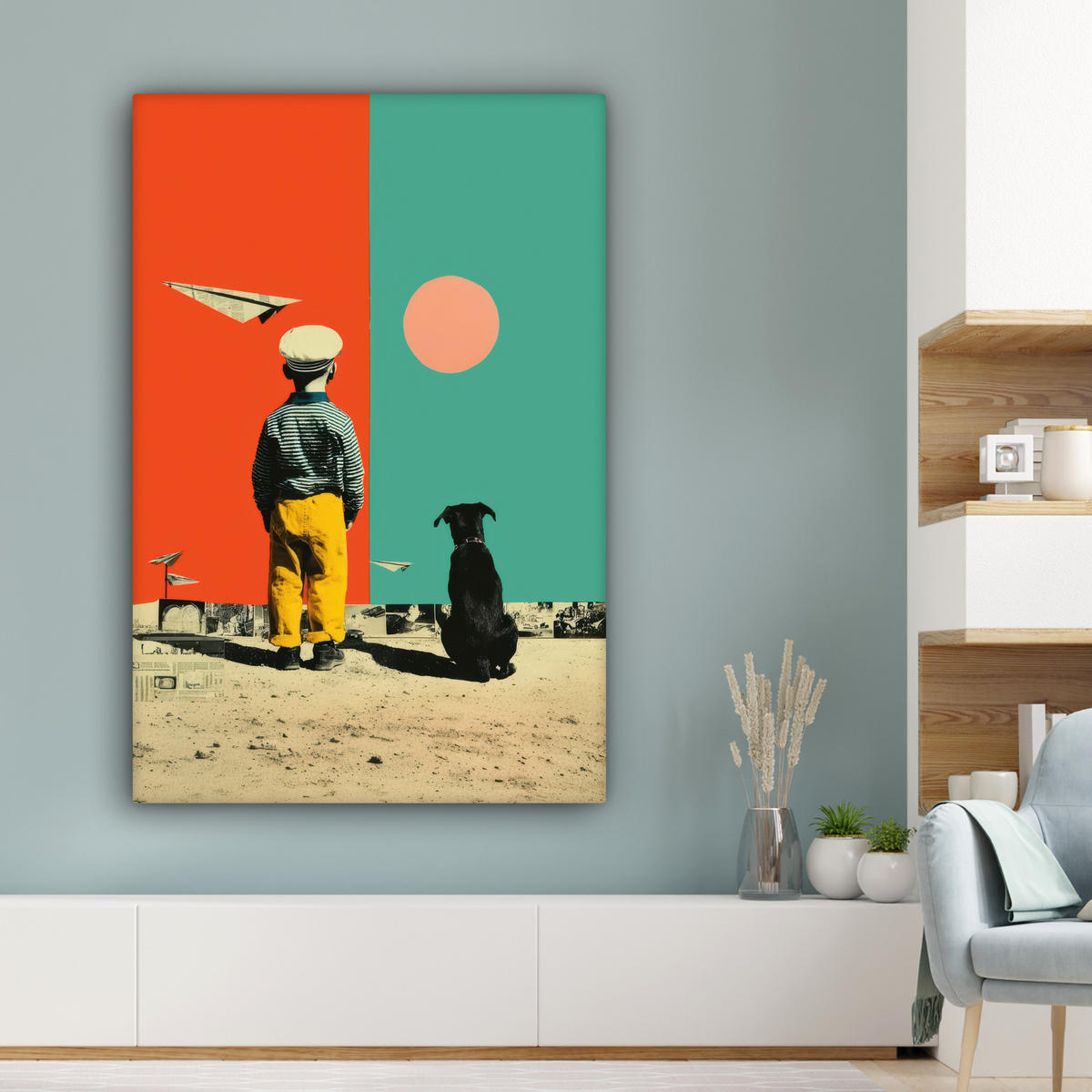 LEINWANDBILD Retro - Junge - Hund - Rot - Grün Deko Groß 90x140 cm - Orange, Textil (90/140cm) - MuchoWow