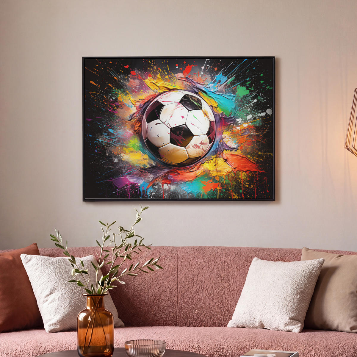 LEINWAND Bilder mit Rahmen - Fußball - Farbe - Farben - Schwarz - Weiß - 80x60 - Weiß, Textil (80/60cm) - MuchoWow