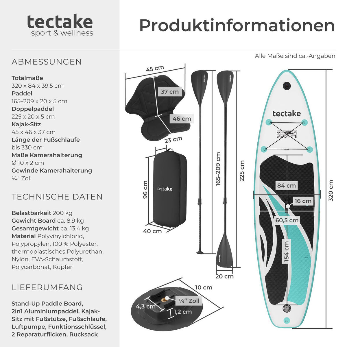 STAND-UP PADDLE BOARD Zenon, Belastbarkeit 200 kg, inklusive Kajak-Sitz, weiß/türkis - Weiß, Kunststoff (320/84/0.4cm) - tectake
