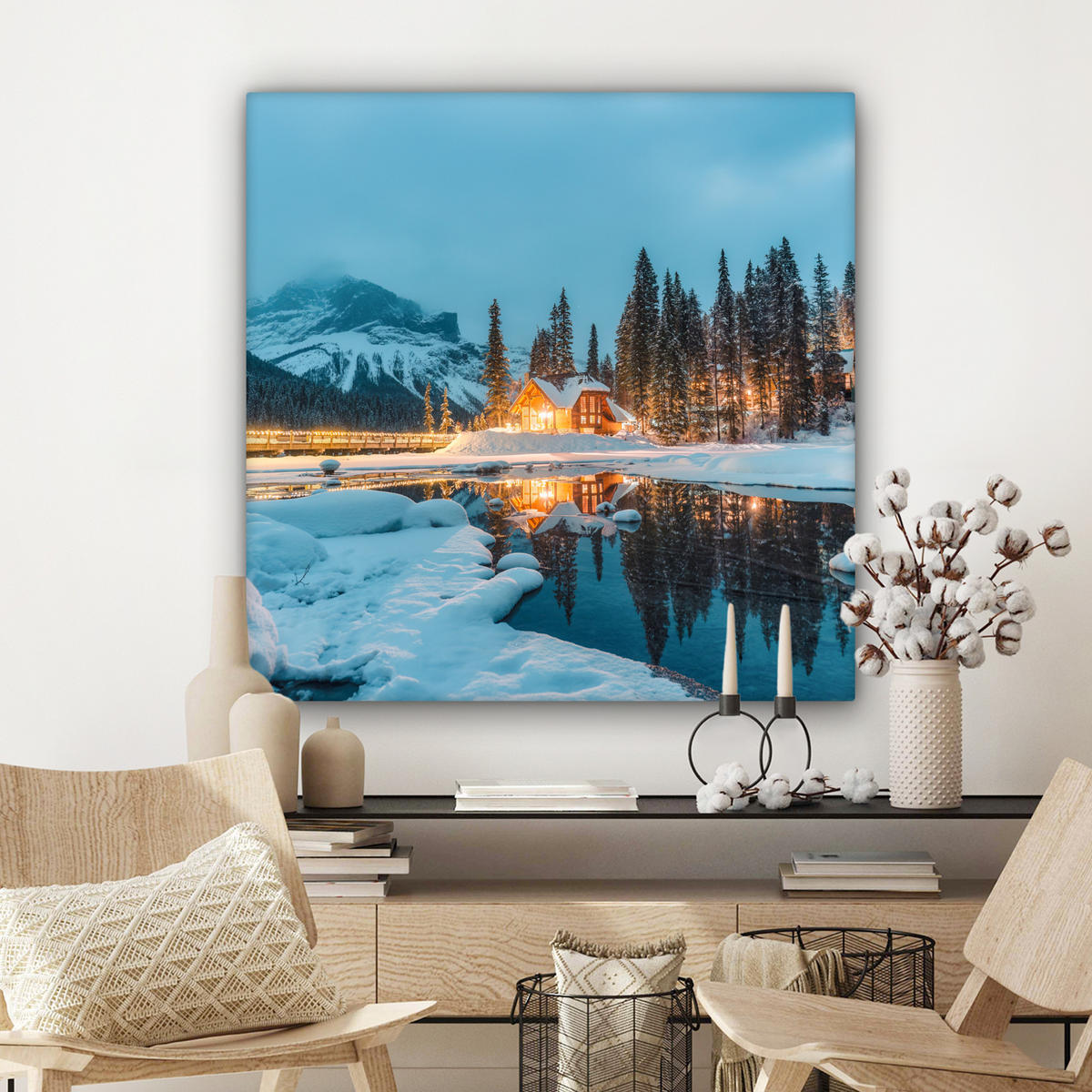 LEINWANDBILD Winterlandschaft - Natur - Haus - Berge - Schnee Deko Groß 90x90 cm - Hellblau, Textil (90/90cm) - MuchoWow