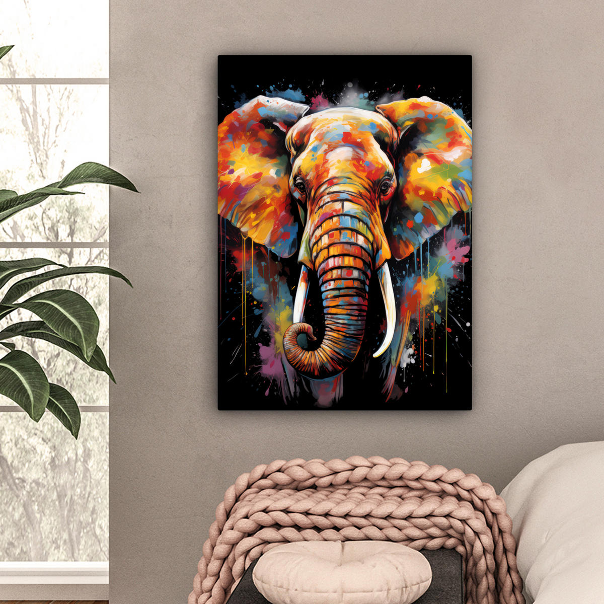 LEINWANDBILD Elefant - Graffiti - Schwarz - Tiere - Farben 60x80 cm - Schwarz, Textil (60/80cm) - MuchoWow