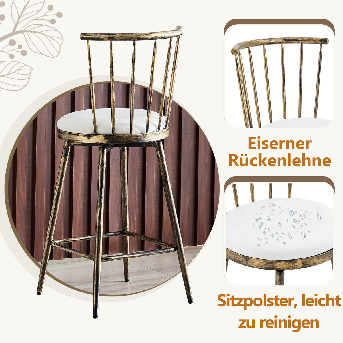 BARHOCKER aus Metall mit gepolstertem Sitz, PU-Bezug und Fußstütze, Braun-Weiß - Braun, Metall (39/96/39cm) - MIVRAY