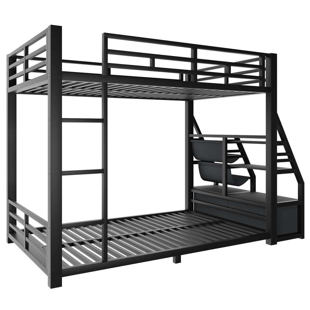 ETAGENBETT 90x200cm mit LED-Beleuchtung, mit 2 Stoffschubladen, Schwarz - Schwarz, Metall (90/200cm) - KOMHTOM
