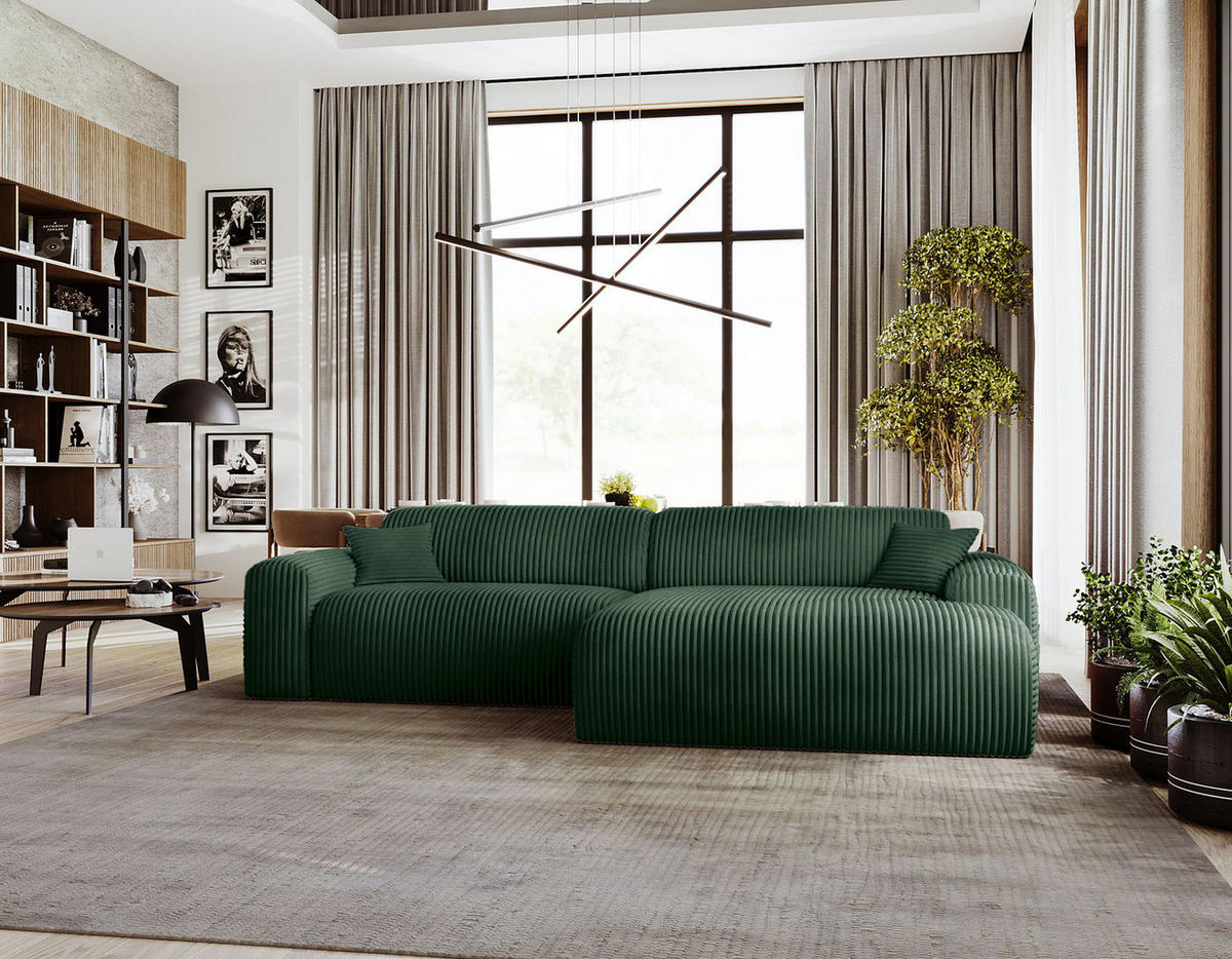 ECKSOFA mit Longchair - Cord - Schwarz/Grün, Kunststoff/Textil (284/178cm) - home24