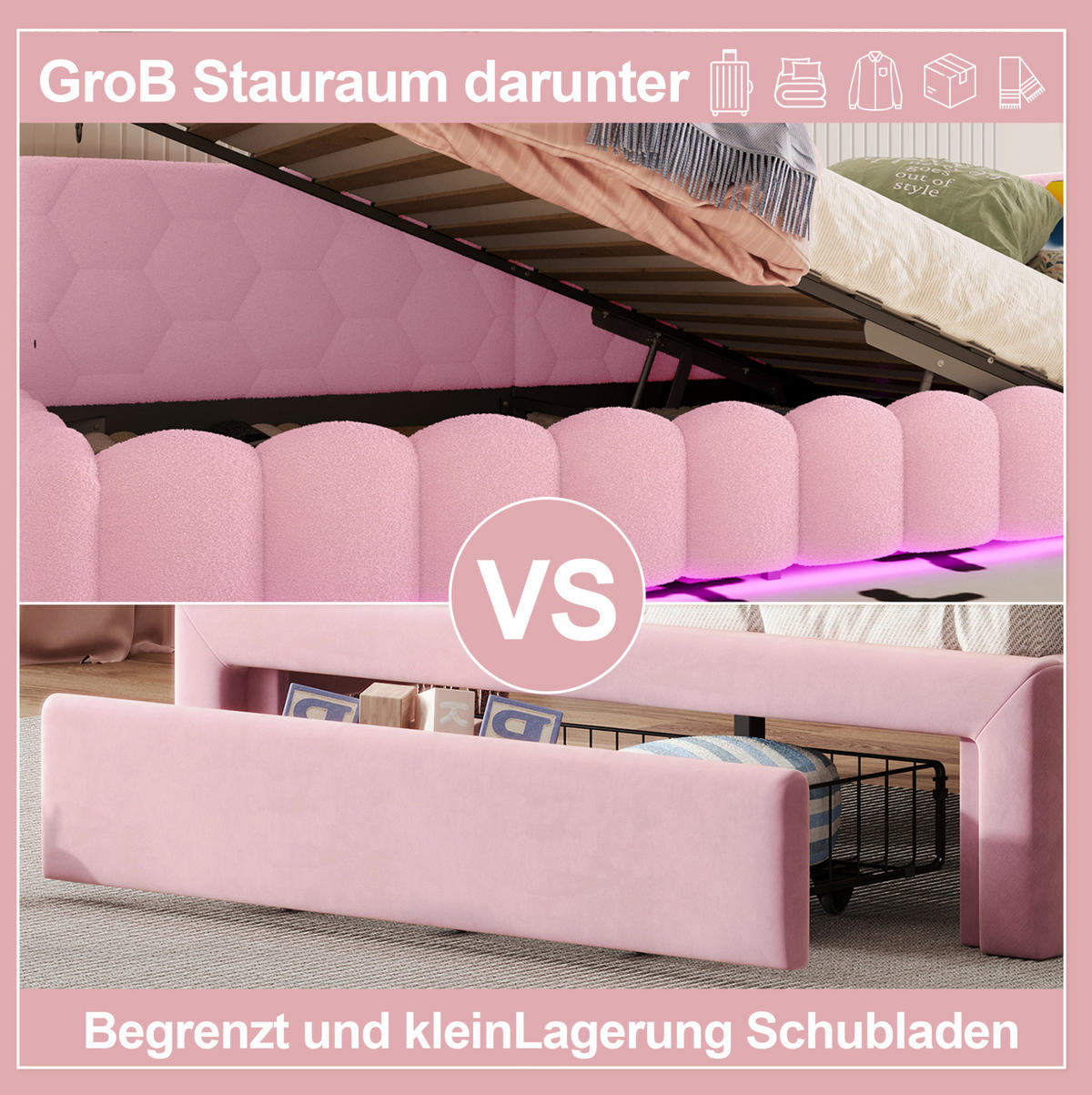 POLSTERBETT 90/200 cm aus Leinen mit ausziehbarem Rollbett und LED-Beleuchtung Grau - Grau, Textil (90/200cm) - Modenvie