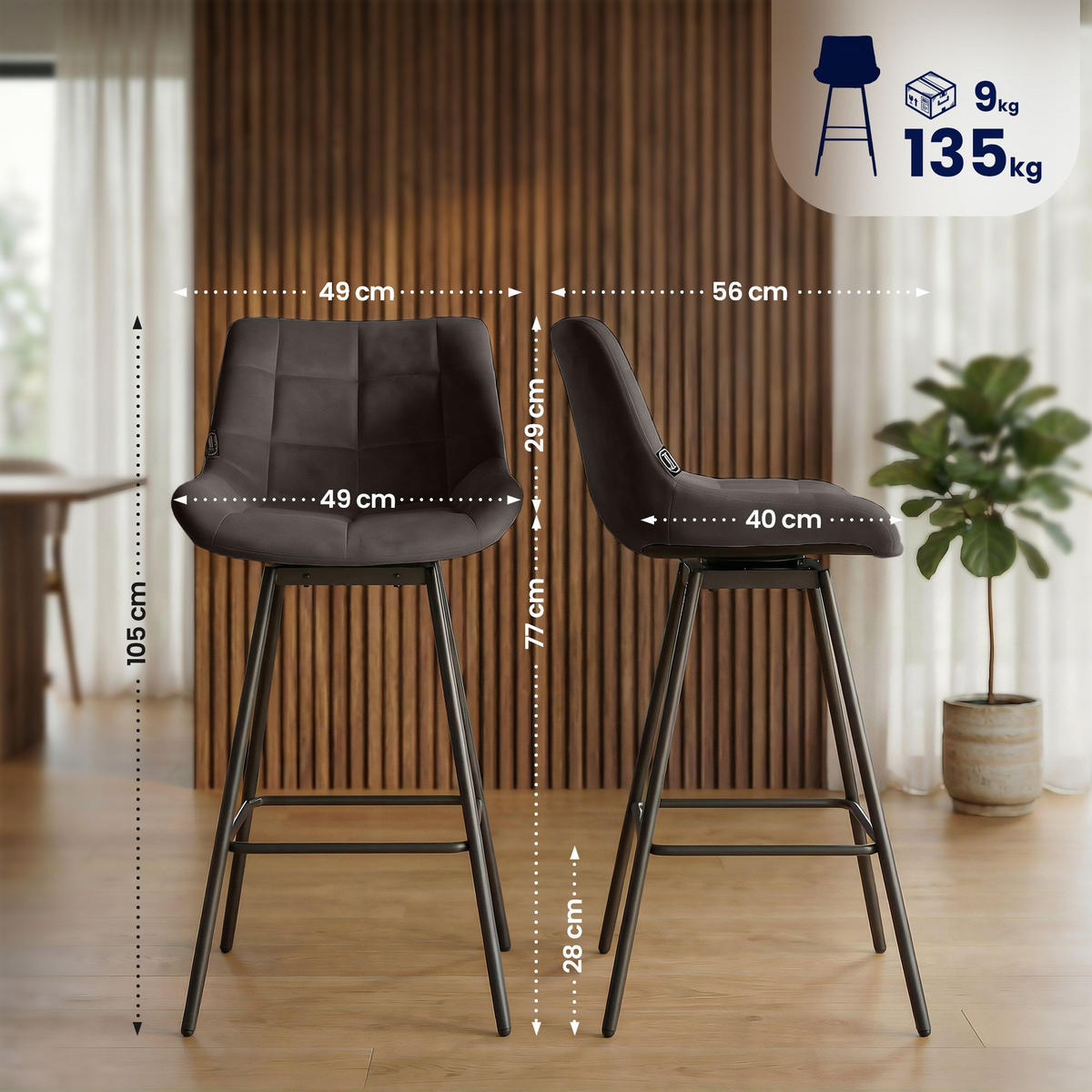 BARHOCKER Samt braun - Schwarz/Braun, Textil/Metall (49/105/56cm) - CLP