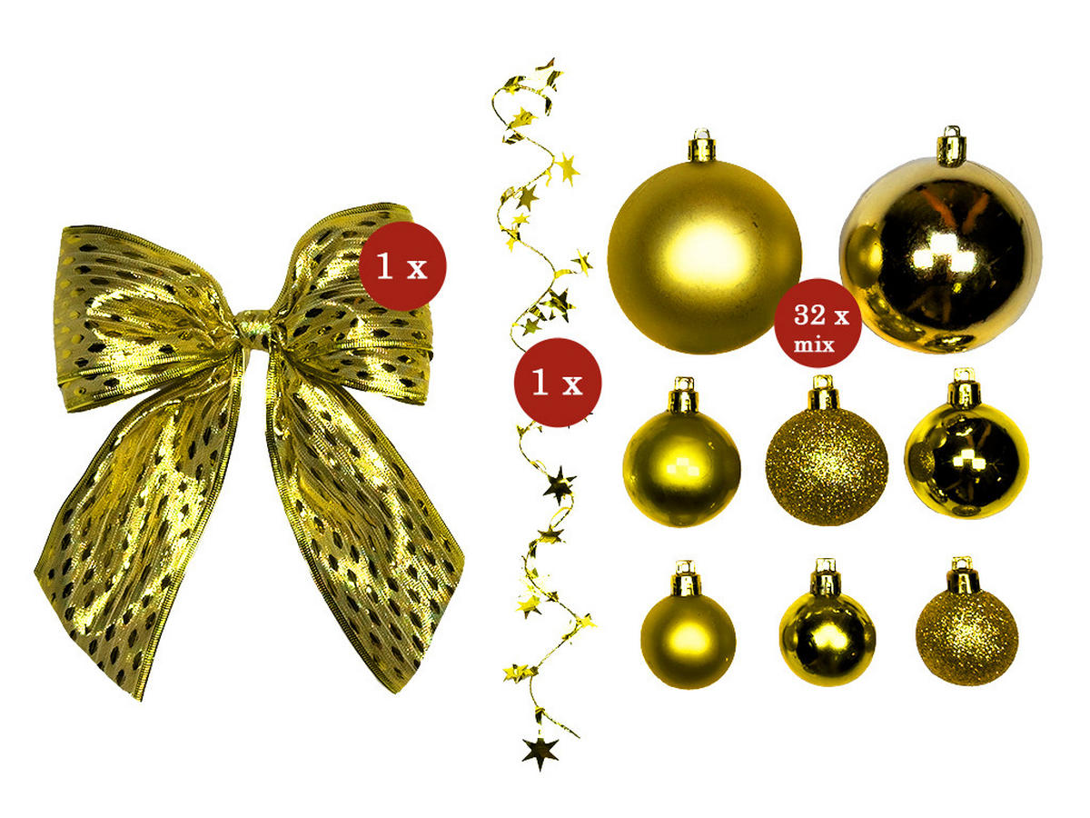 WEIHNACHTSBAUM künstlicher 60 cm mit LED-Beleuchtung, GOLDWEIHNACHTEN, mit 34 Weihnachtsbaumschmuck, Pflanztopf mit Jutesack - Goldfarben/Weiß, Kunststoff/Stein (40/60cm) - LAALU