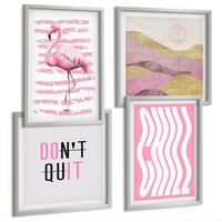 BILDER SET 4er Set - 50x50 cm & 40x60 cm Silberner Rahmen - Pastellfarbene Berglandschaft mit rosa Flamingos - Silberfarben, Kunststoff (50/50cm) - TULUP