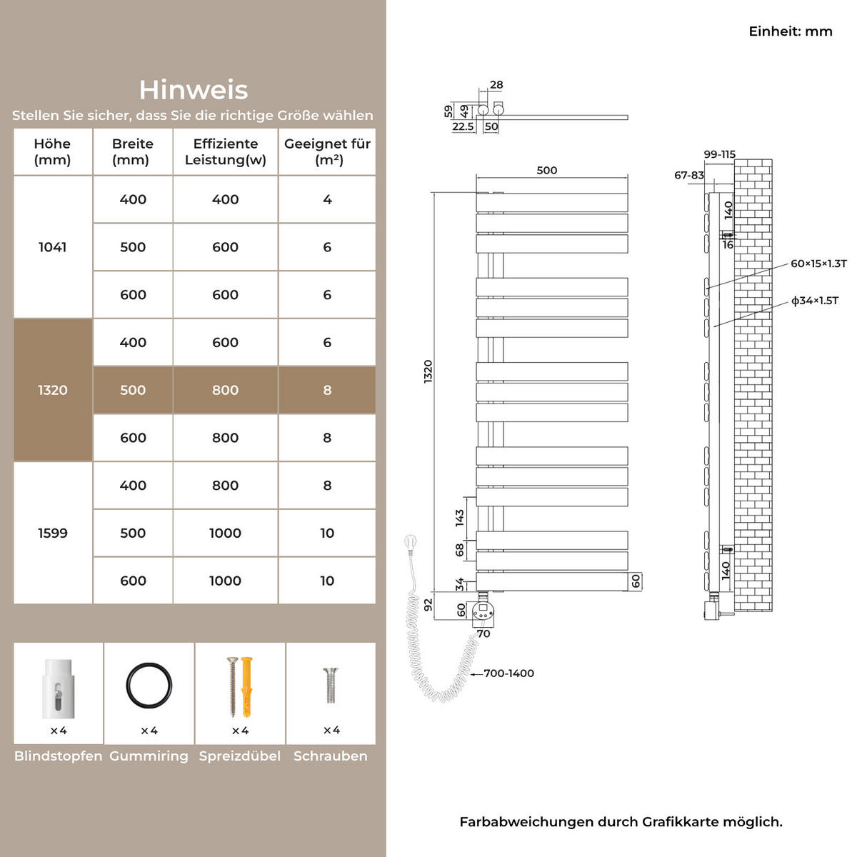 HANDTUCHHEIZKÖRPER 132/50 cm weiß elektrisch 800 W mit WLAN-Thermostat - Weiß, Metall (50/132/5.9cm) - S'AFIELINA