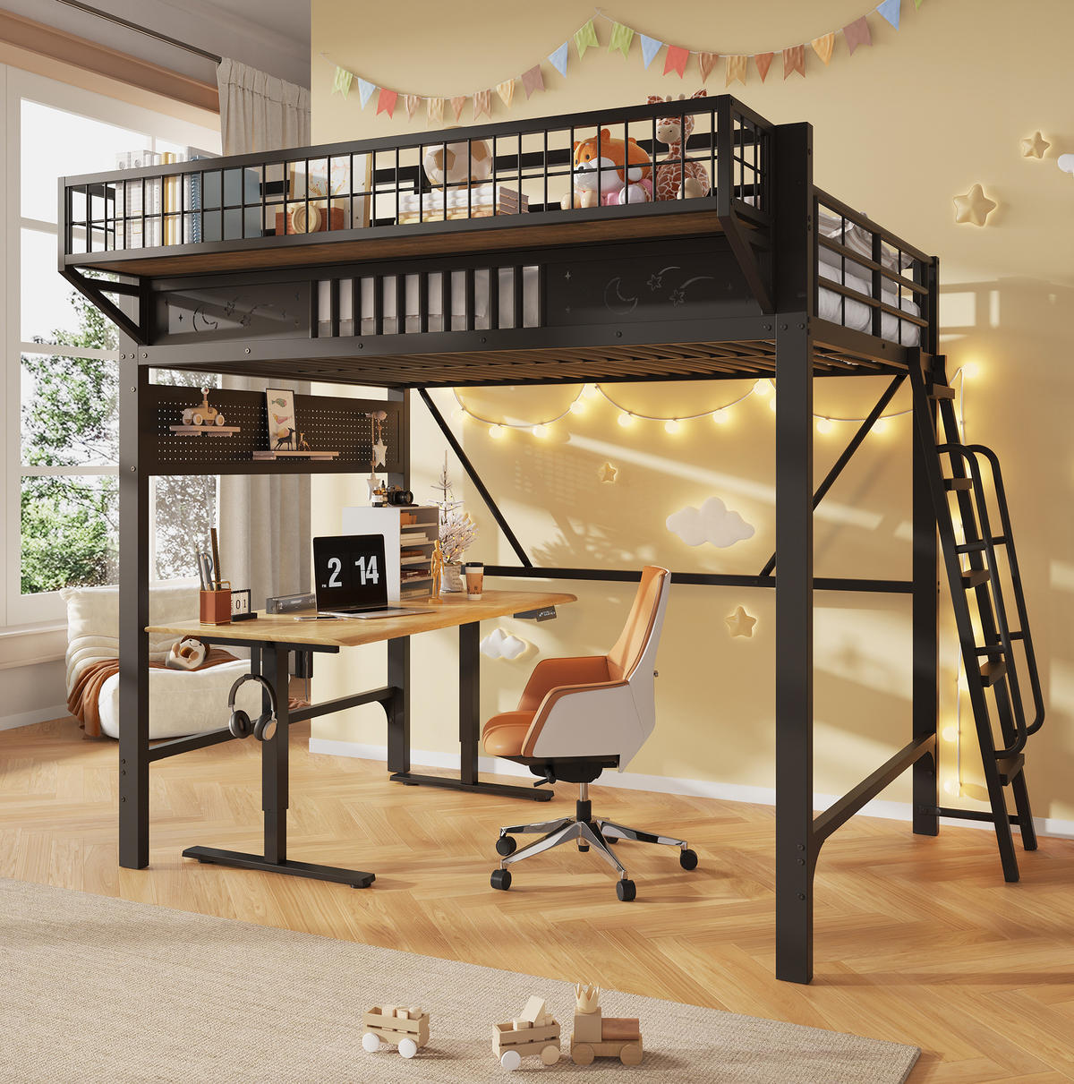 HOCHBETT aus Metall 140x200 cm Schwarz mit Staufächern und flexibel montierbarer Treppe - Schwarz, Metall (140/200cm) - Modfu
