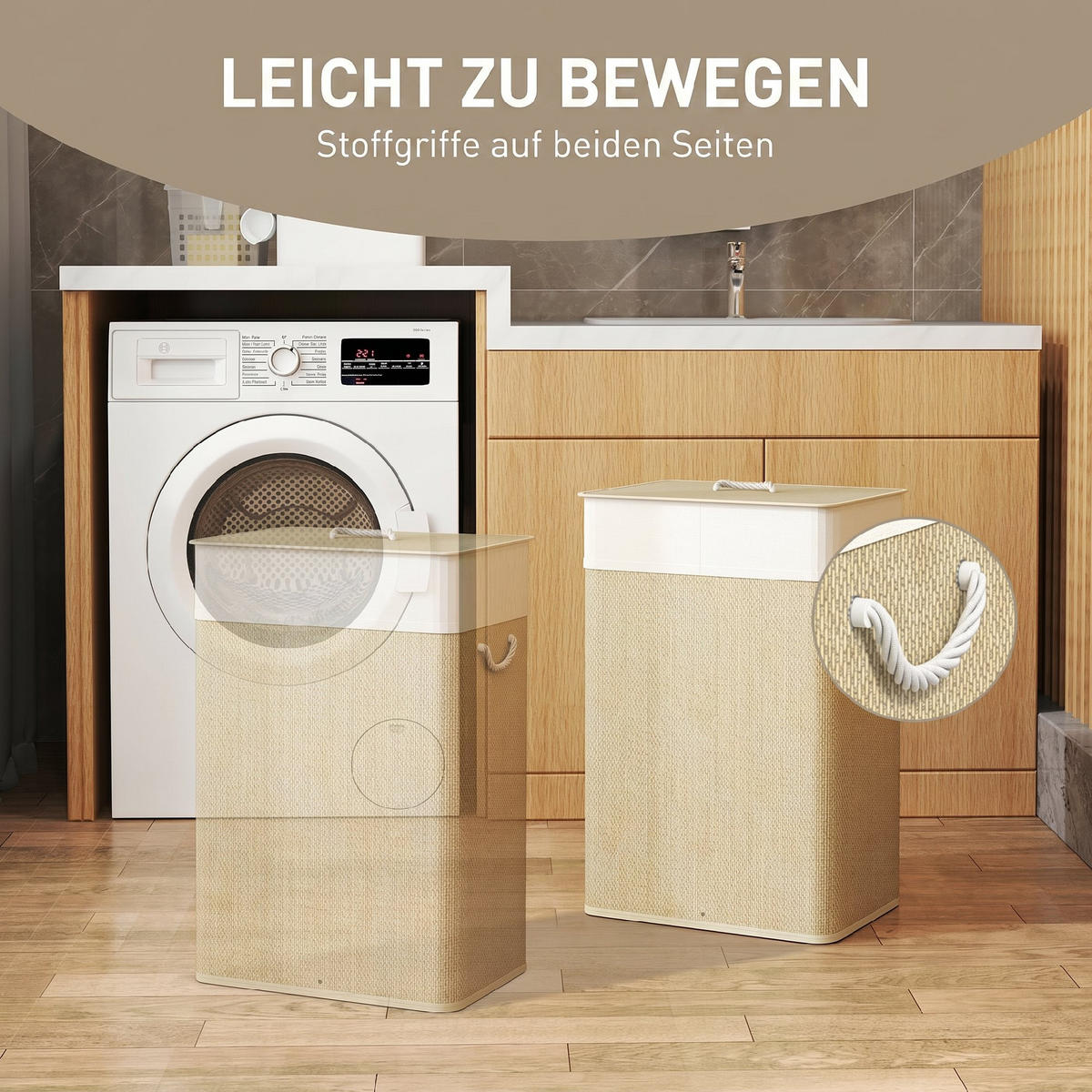 BAMBUS Wäschekorb mit Deckel 72 L Wäschesammler mit Seilgriffen Naturholz - Creme/Naturfarben, Naturmaterialien/Textil (30/60/40cm) - HOMCOM