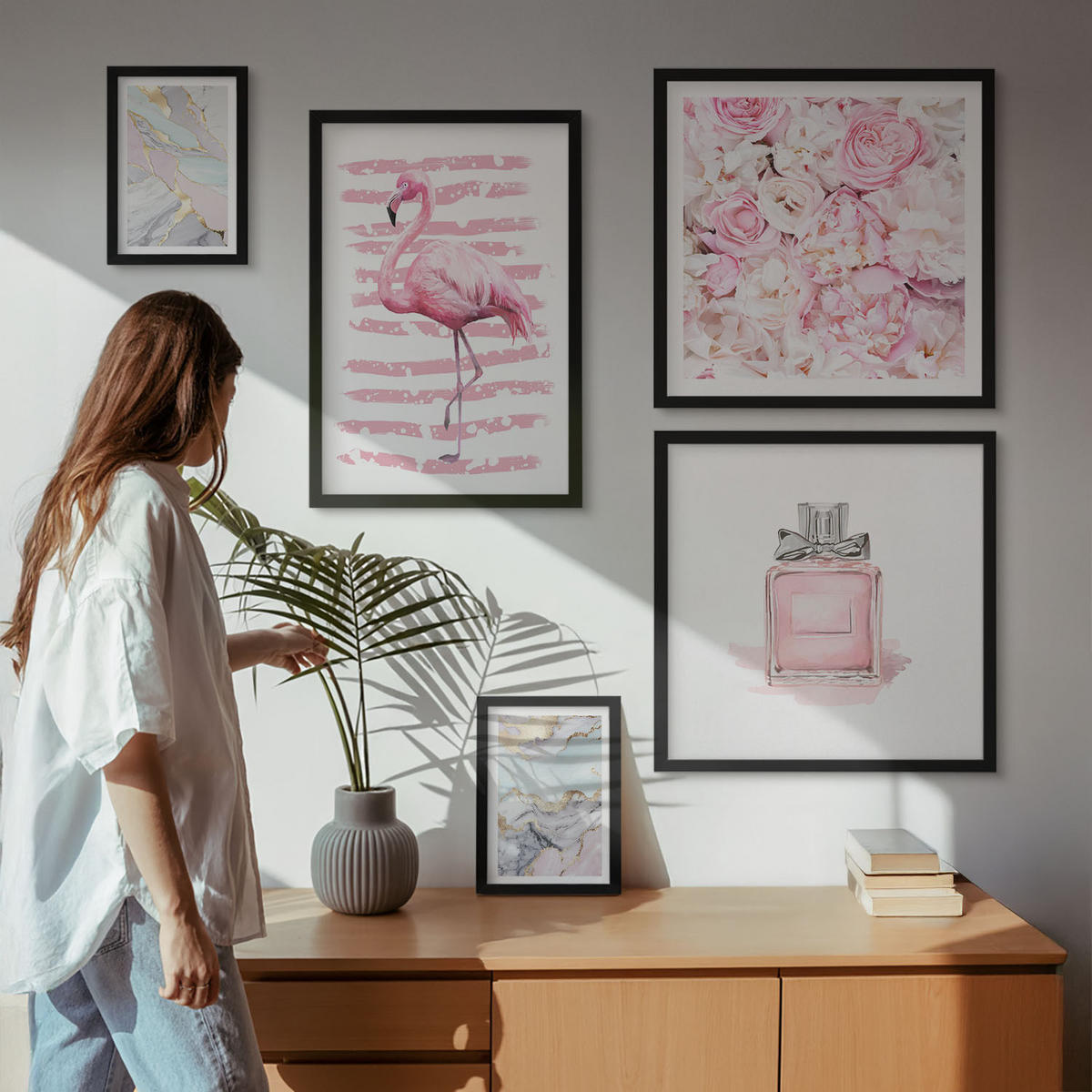 BILDER SET 5er Set - 50x50 cm & 20x30 cm & 40x60 cm Schwarzer Rahmen - Rosa Blumen Marmor Pastell - Schwarz, Kunststoff (40/60cm) - TULUP