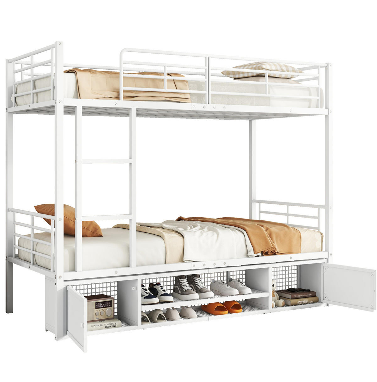 ETAGENBETT 90/200 cm aus Metall mit Schuhablage und 2 Schränken Weiß - Weiß, Metall (90/200cm) - Modenvie