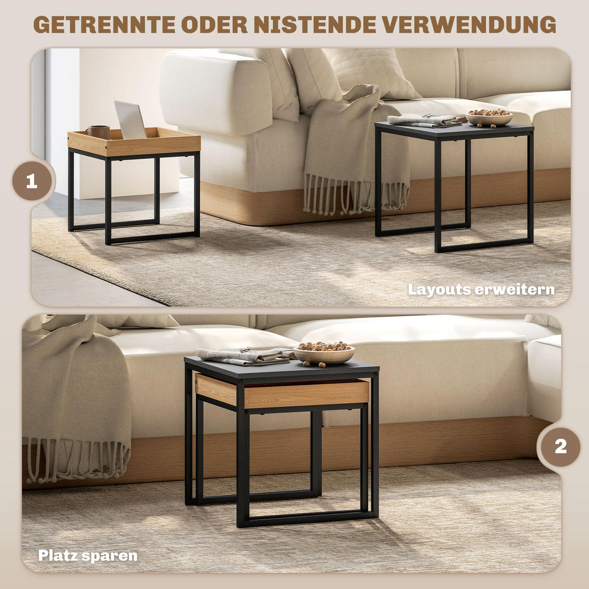 2ER-SET Couchtisch, Eckiger Beistelltisch, Kaffeetisch mit Stahlgestell bis 30kg - Schwarz, Metall (45/45/45cm) - HOMCOM