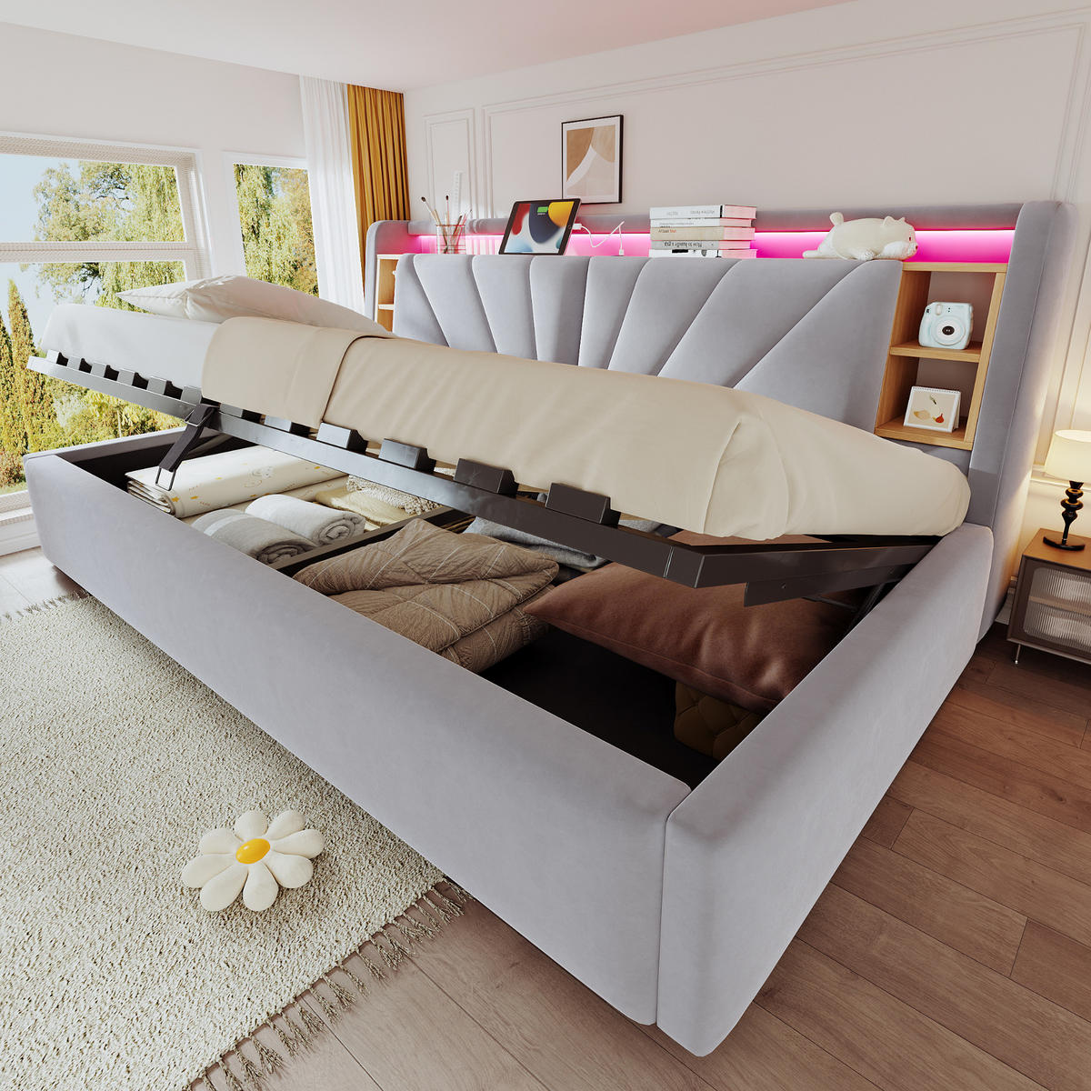 POLSTERBETT 90*200 cm mit LED, USB und Stauraum, Hellgrau - Hellgrau, Textil (90/200cm) - FLIEKS