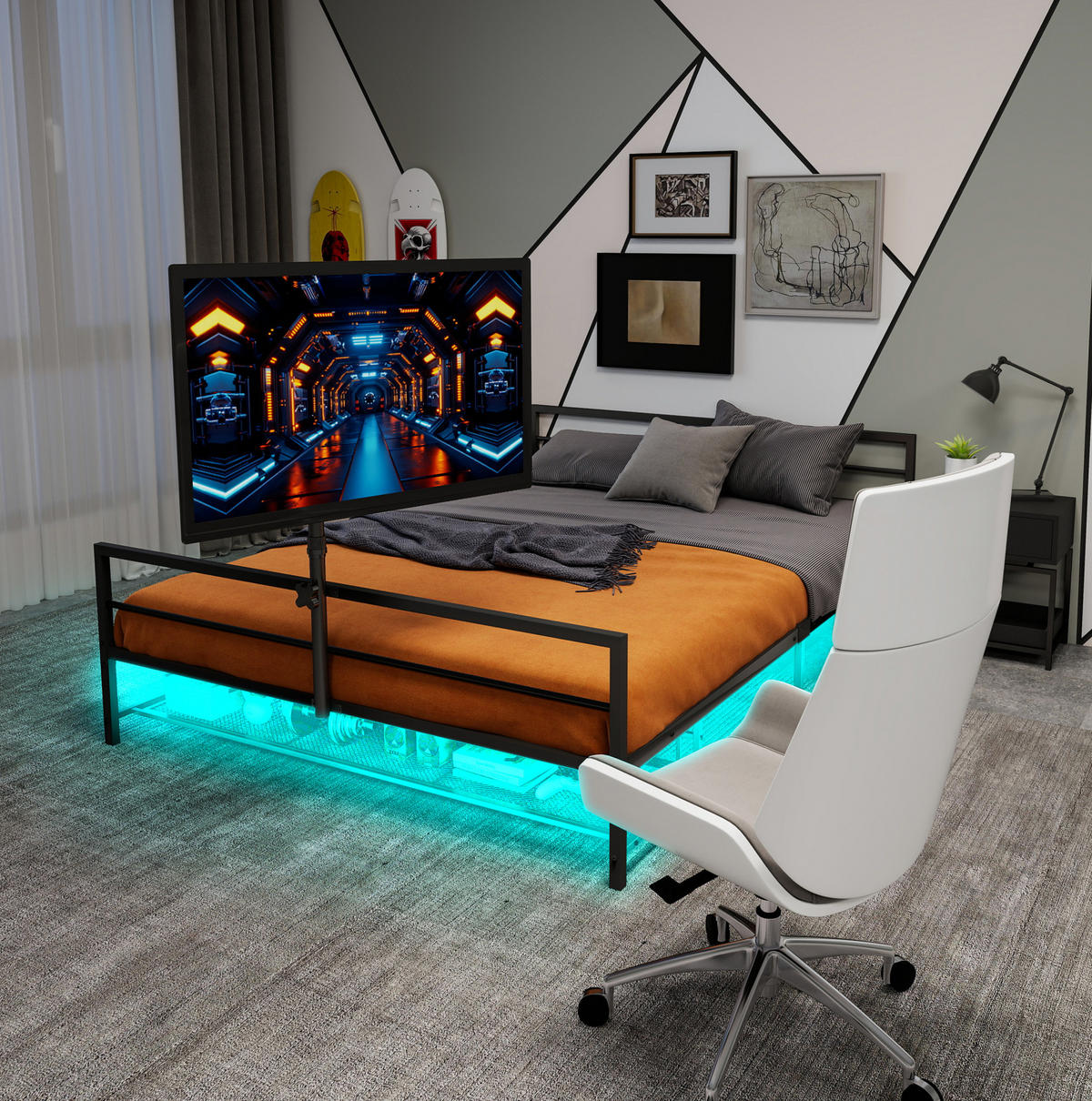 METALNI krevet 206 cm s LED osvjetljenjem, podesivim nosačem i spremišnim košaricama, Crna - crna, metal (90/200cm) - Redom