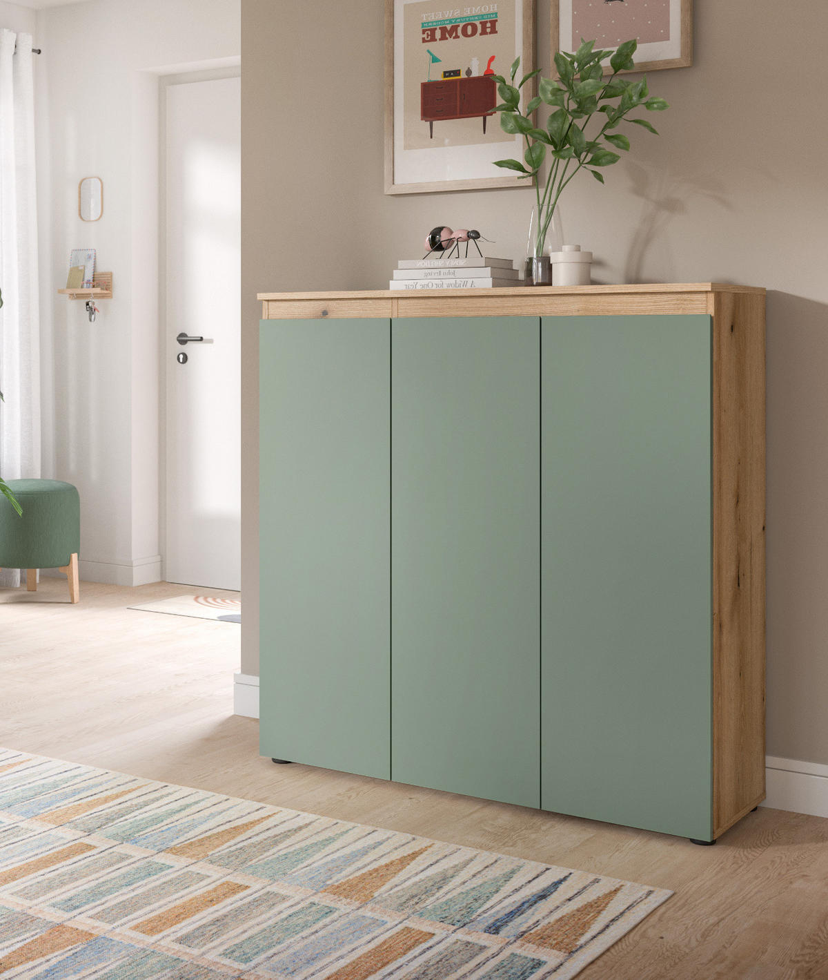 KOMMODE grün, Evoke Eiche 105 x 11 cm, Anrichte mit 10 Fächern - Eichefarben/Schwarz, Holzwerkstoff/Kunststoff (105/111/37cm) - Inn.Furn