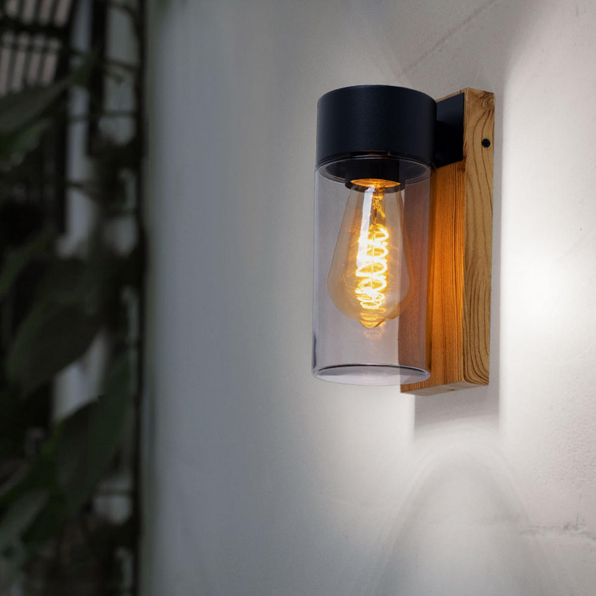 LED AUSSEN-WANDLEUCHTE Edelstahl Schwarz Holzoptik - Schwarz, Glas (9/22.5/12.4cm) - Globo Lighting