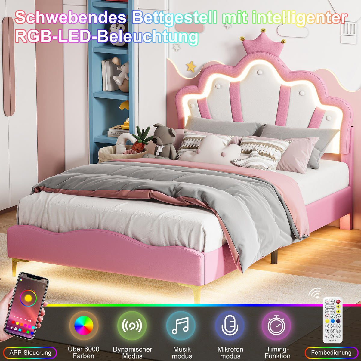 KINDERBETT 90/190 cm Rosa,LED-Kinderbett mit Verstellbarem Kopfteil,PU-Polsterbett - Rosa, Holz/Textil (90/190cm) - PARAFTA HOME