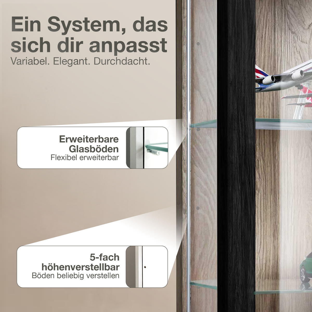 HÄNGEVITRINE 25/60/80 cm mit 2 höhenverstellbaren Glasböden - Transparent/Silberfarben, Glas/Holzwerkstoff (60/80/25cm) - K-Möbel