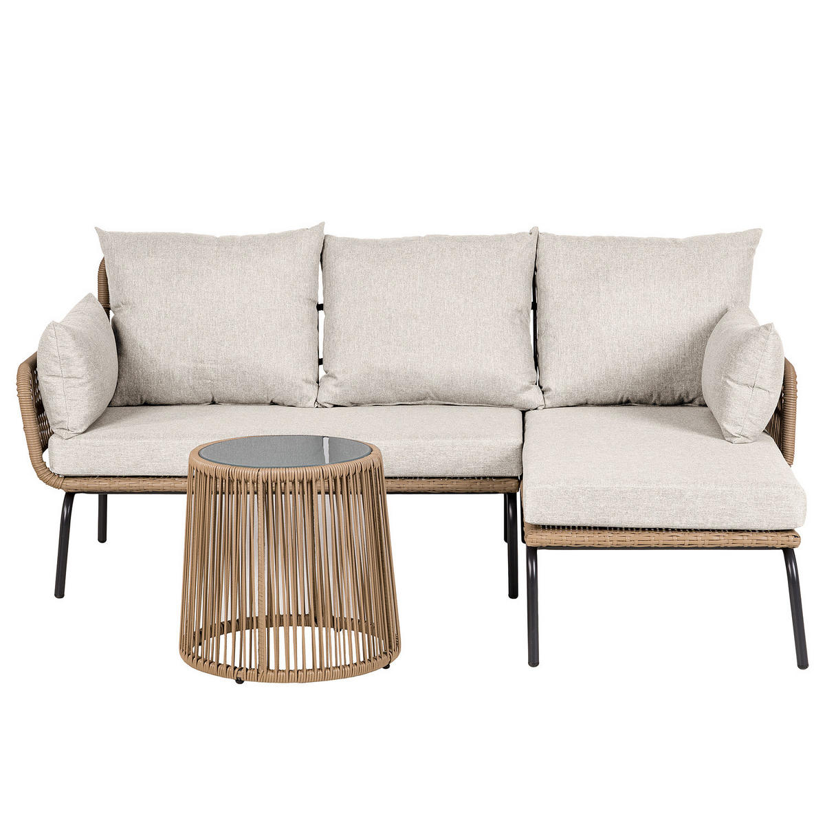 LOUNGESET - Polyrattan / Polyester - Beige / Grau - 3-teilig - Beige, Glas/Kunststoff - home24