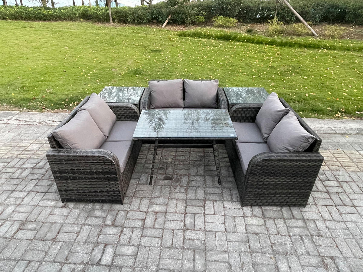 GARTENMÖBELSET mit ESSTISCH,SOFA Polyrattan 6-Sitzer - Dunkelgrau/Grau, Glas/Kunststoff - Fimous
