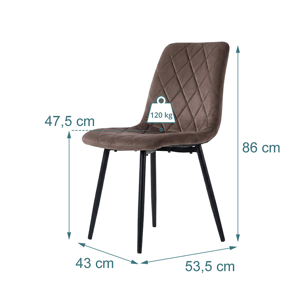 STOL Brun 4-pack sammet metallben - Brun, Trä/Textil (43/86/53.5cm) - Relaxdays