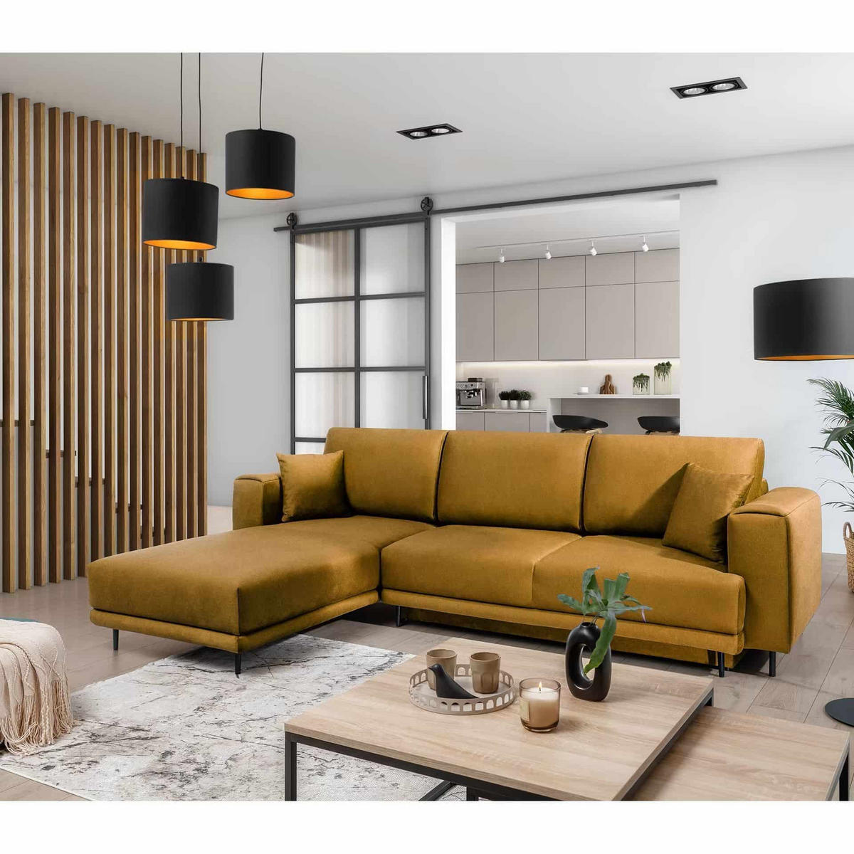 ECKSOFA mit Schlaffunktion und Bettkasten, Loco-Stoff - Gelb/Schwarz, Textil/Metall (289/190cm) - Eltap